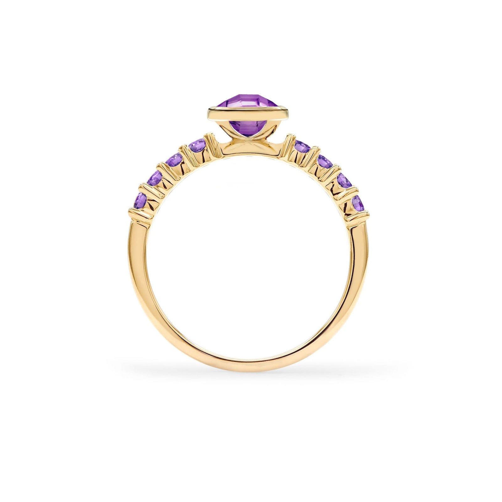 14k gold Rosecliff Grand Ring featuring a 6 mm round, briolette-cut Amethyst and eight 2 mm round-cut gemstones - standing view.