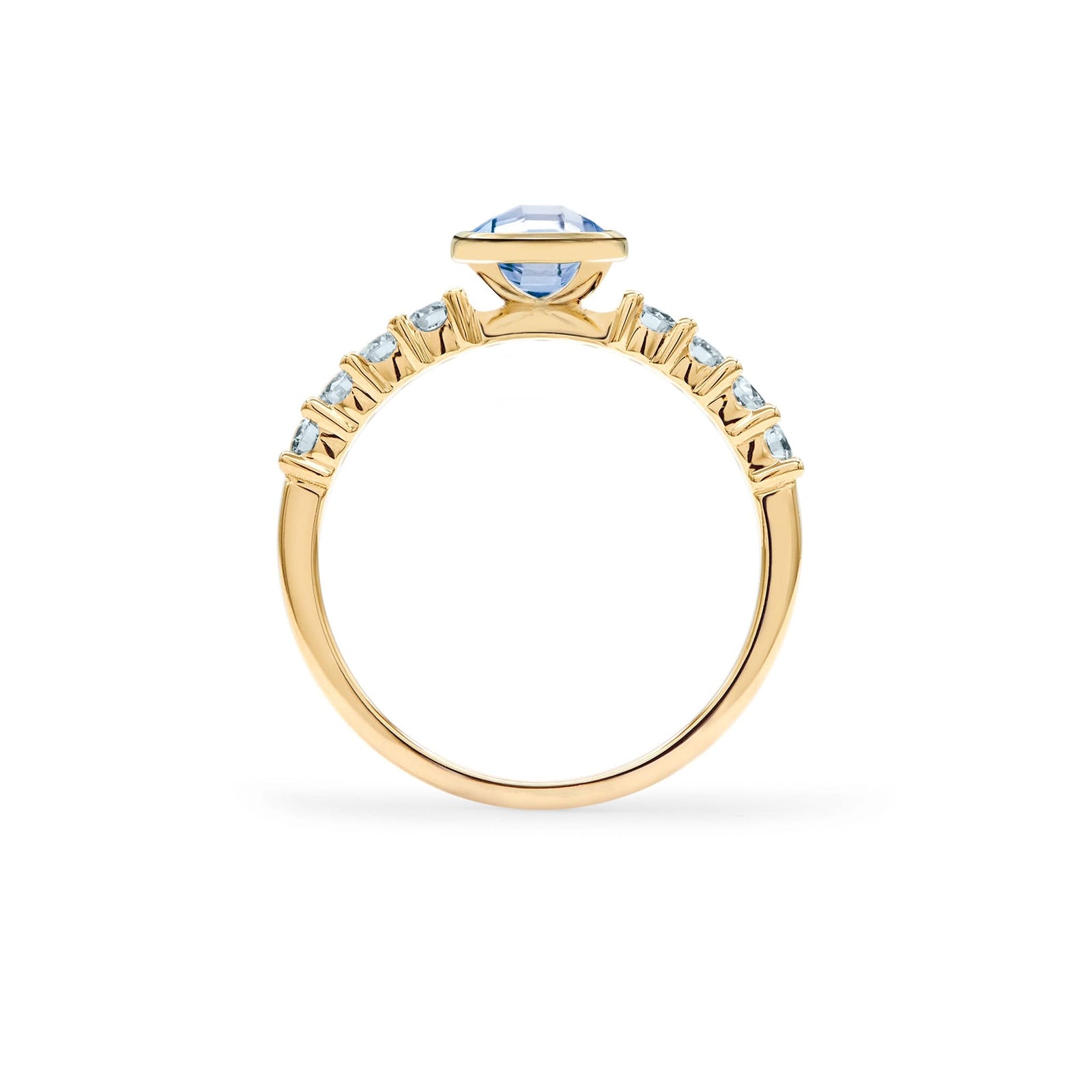 Rosecliff Grand Ring in a 14k gold, featuring a 6 mm round, briolette-cut Aquamarine and eight 2 mm round-cut gemstones - standing view.