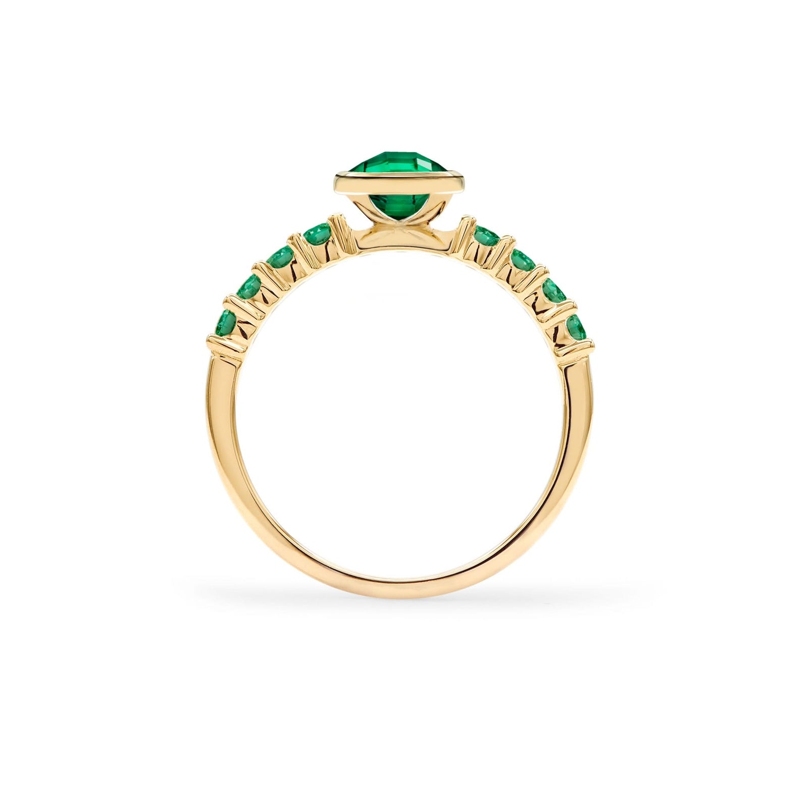 Rosecliff Grand Ring in a 14k gold, featuring a 6 mm round, briolette-cut Emerald and eight 2 mm round-cut gemstones - standing view.