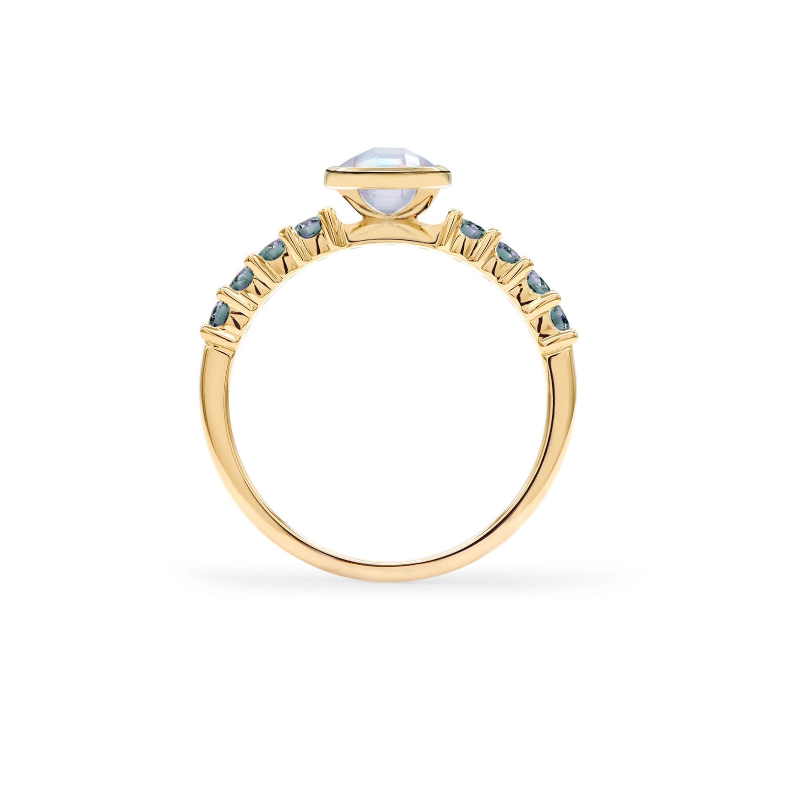 Rosecliff Grand Ring in a 14k gold, featuring a 6 mm round, briolette-cut Moonstone and eight 2 mm round-cut gemstones - standing view.