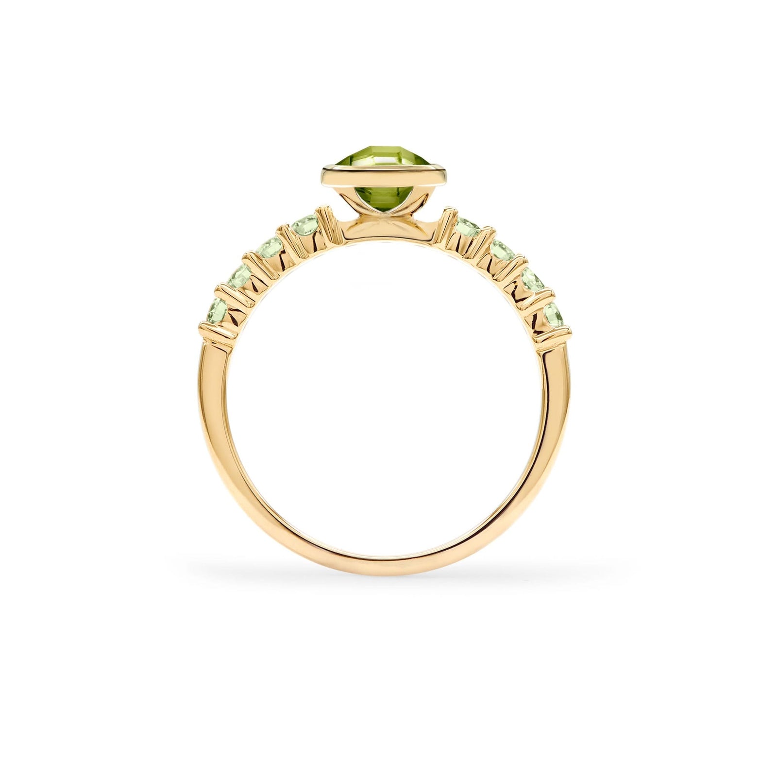 Rosecliff Grand Ring in a 14k gold, featuring a 6 mm round, briolette-cut Peridot and eight 2 mm round-cut gemstones - standing view.