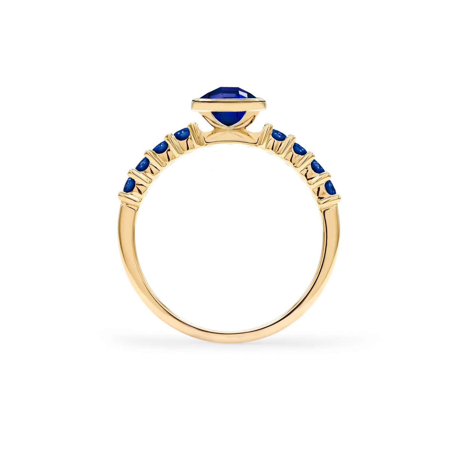 Rosecliff Grand Ring in a 14k gold, featuring a 6 mm round, briolette-cut Sapphire and eight 2 mm round-cut gemstones - standing view.