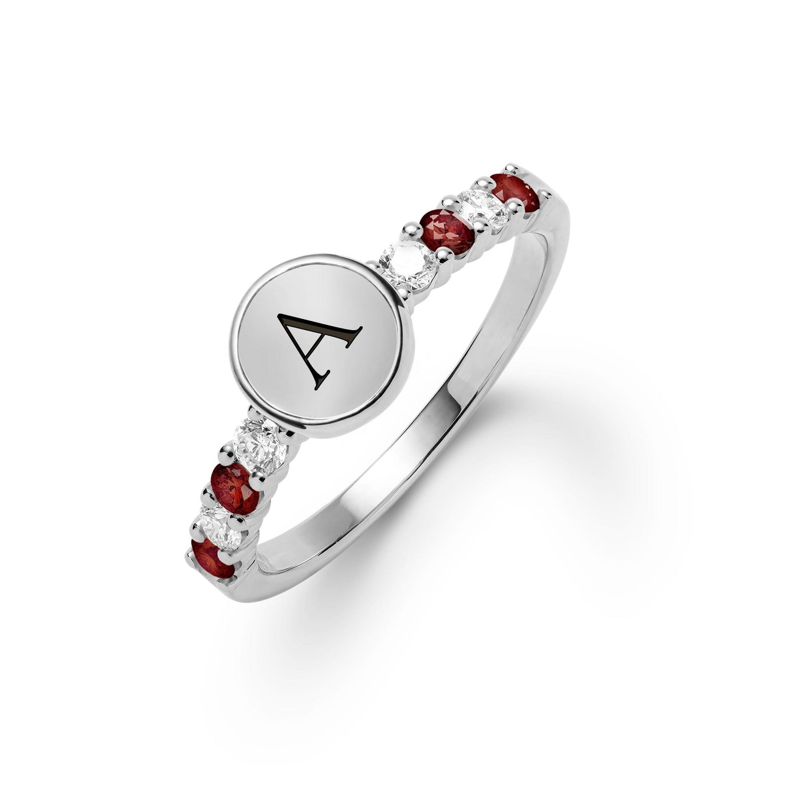 14k white gold Rosecliff Letter Ring, featuring a flat engraved letter disc with 2 mm faceted round cut, prong set, Garnets and sustainable Diamonds - aspect view