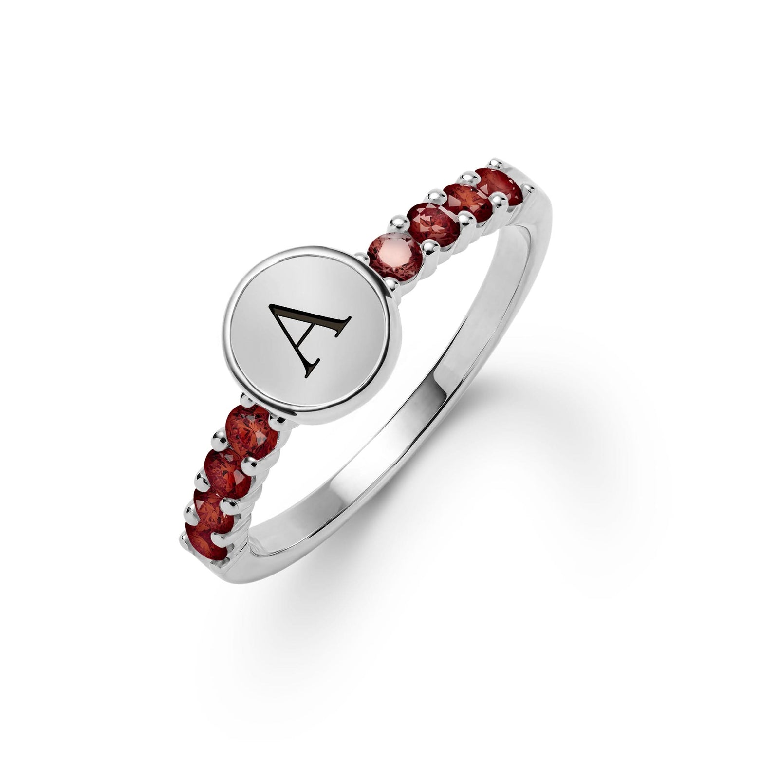 14k white gold Rosecliff Letter Garnet Ring, featuring a monogrammed disc with 2 mm faceted round cut, prong set Garnets - aspect view