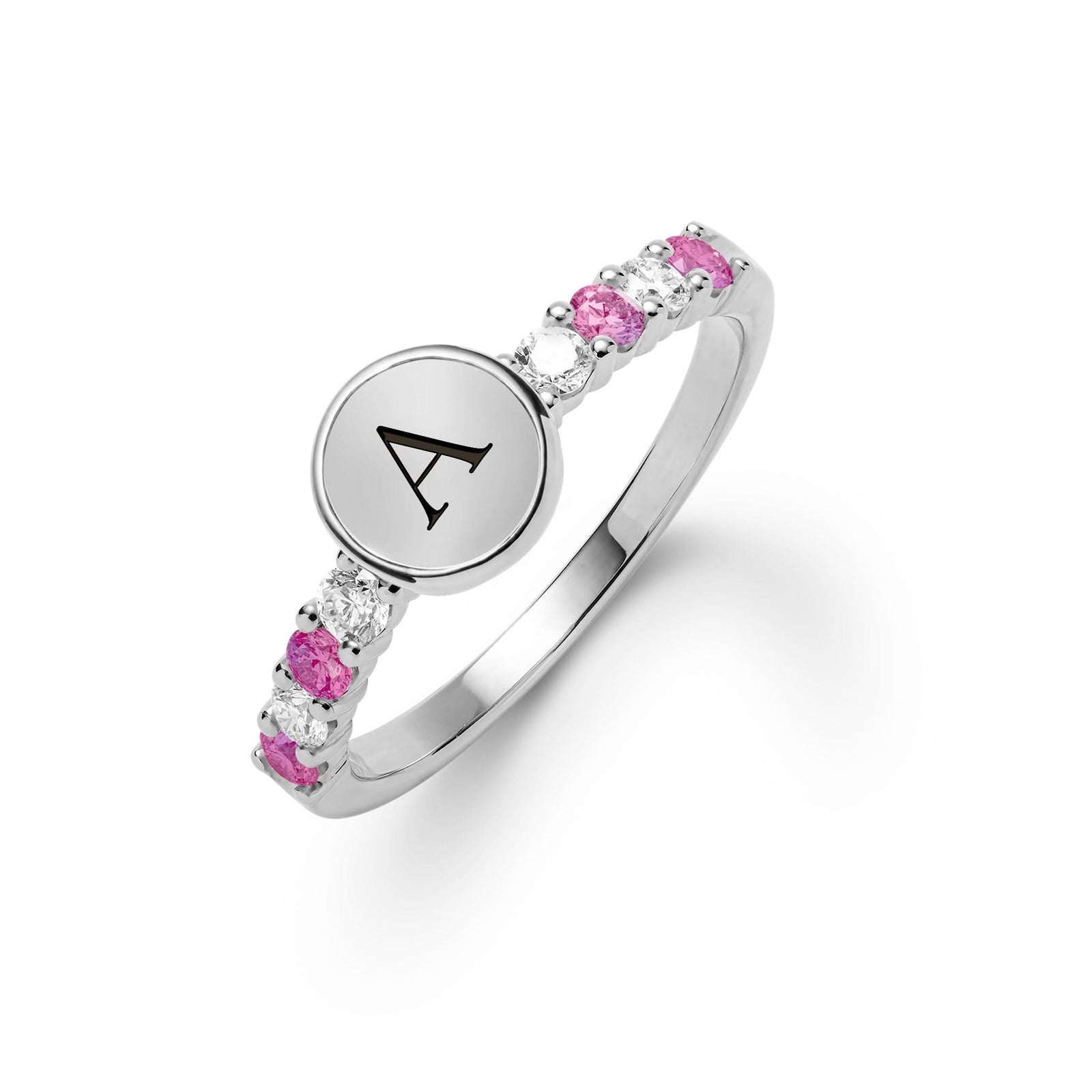 14k white gold Rosecliff Letter Ring, featuring a flat engraved letter disc with 2 mm faceted round cut, prong set, both sustainable Pink Sapphires and Diamonds - aspect view