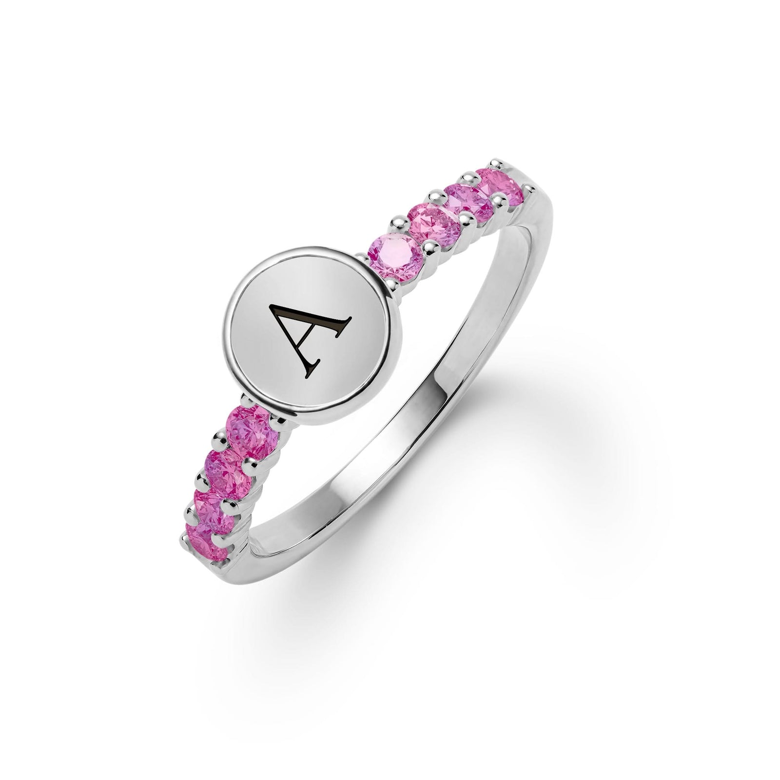 14k white gold Rosecliff Letter Ring, featuring a flat engraved letter disc with 2 mm faceted round cut, prong set, both sustainable Pink Sapphire - aspect view