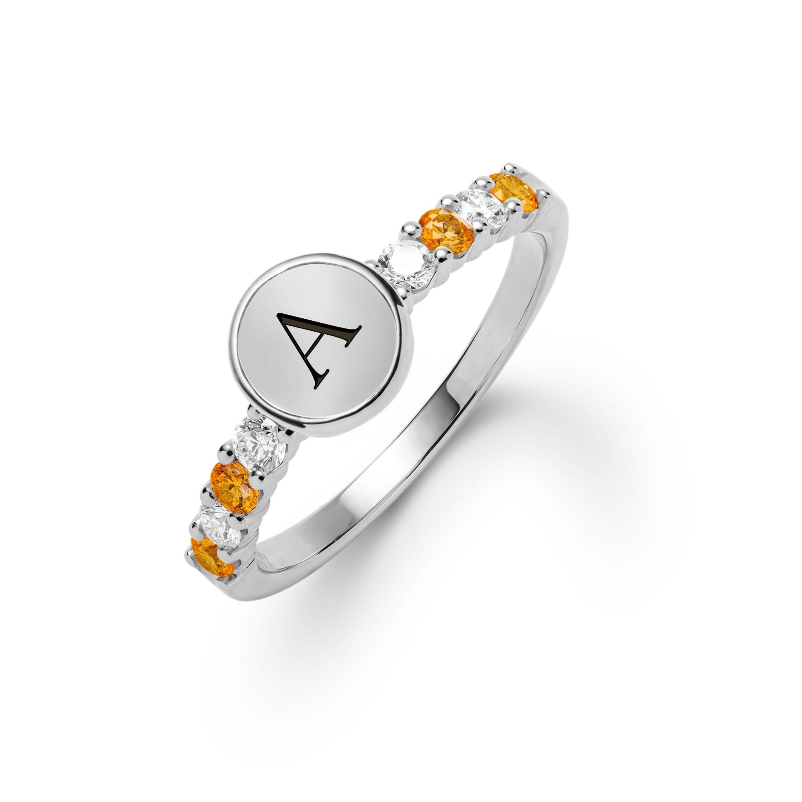 14k white gold Rosecliff Letter Ring, featuring a flat engraved letter disc with 2 mm faceted round cut, prong set, Citrines and sustainable Diamonds - aspect view
