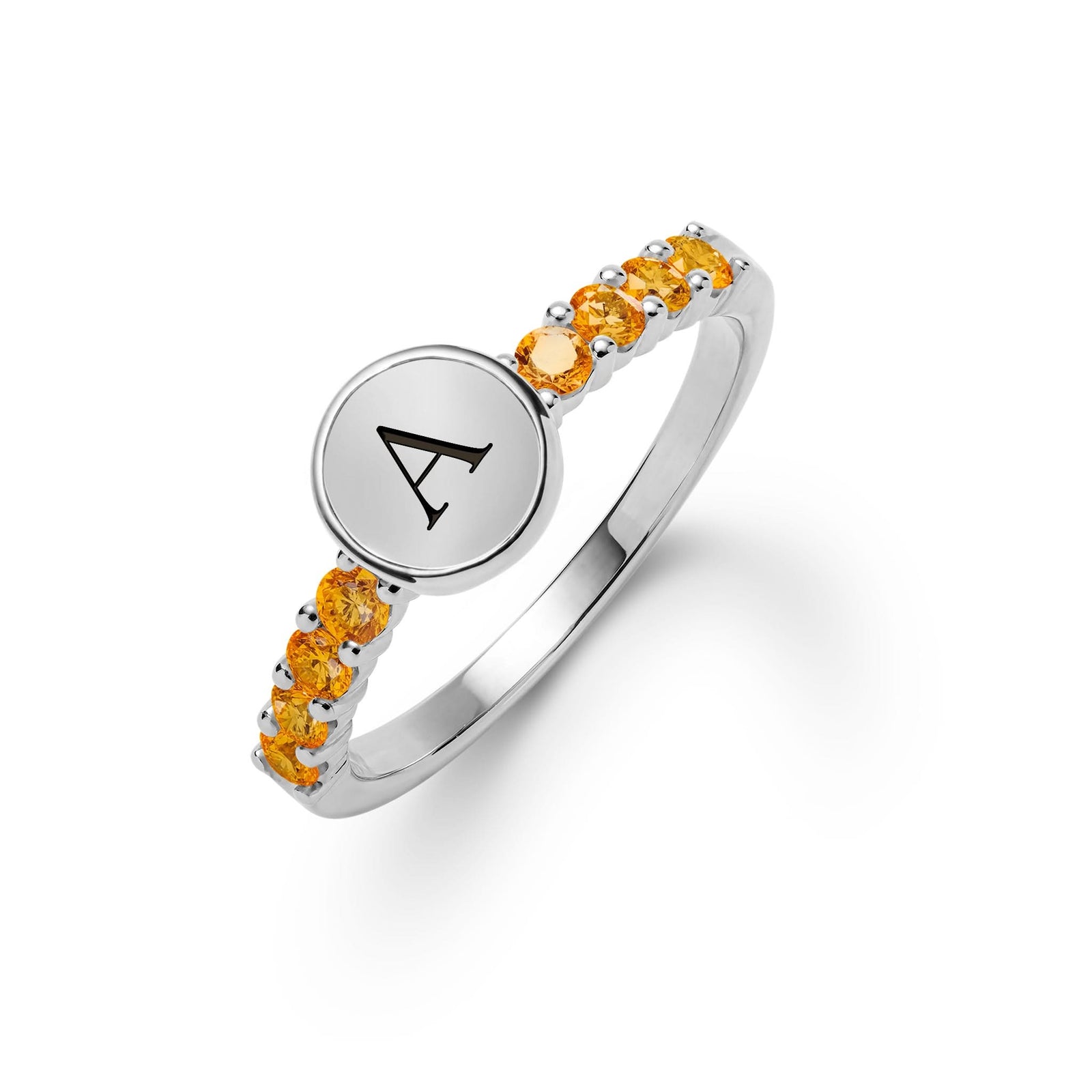 14k white gold Rosecliff Letter Citrine Ring, featuring a flat engraved letter disc with 2 mm faceted round cut, prong set Citrines - aspect view