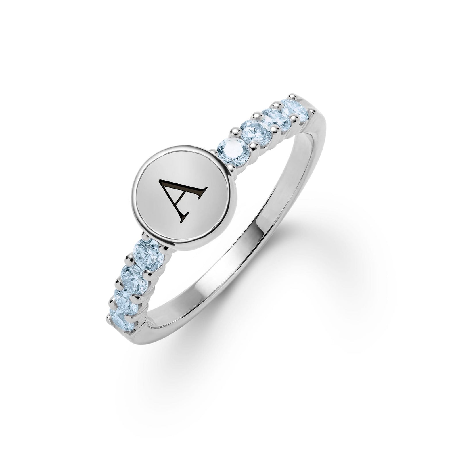14k white gold Rosecliff Letter Nantucket Blue Topaz Ring, featuring a flat engraved letter disc with 2 mm faceted round cut, prong set Blue Topaz - aspect view