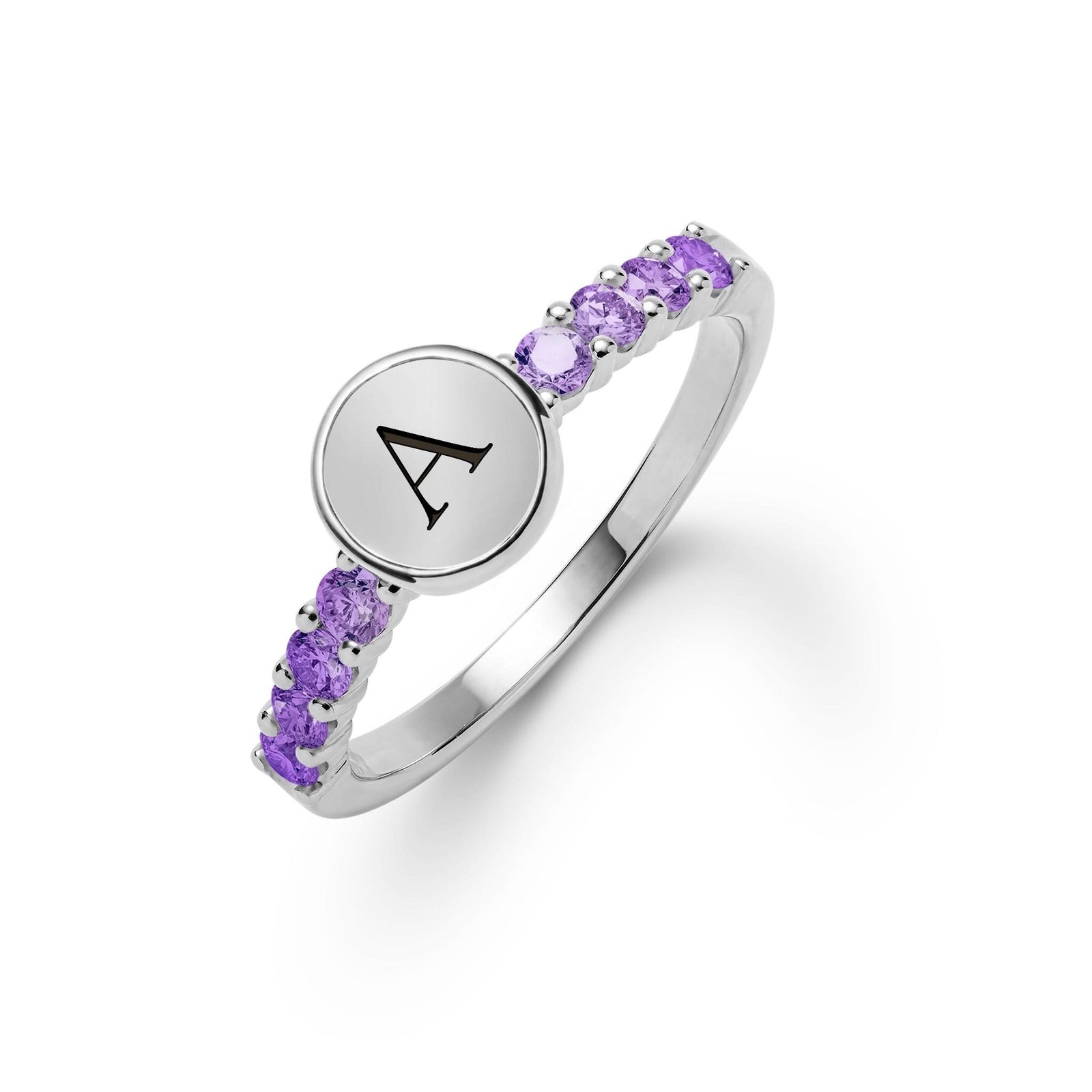 14k white gold Rosecliff Letter Amethyst Ring, featuring flat engraved letter disc with 2 mm faceted round cut, prong set Amethysts - aspect view