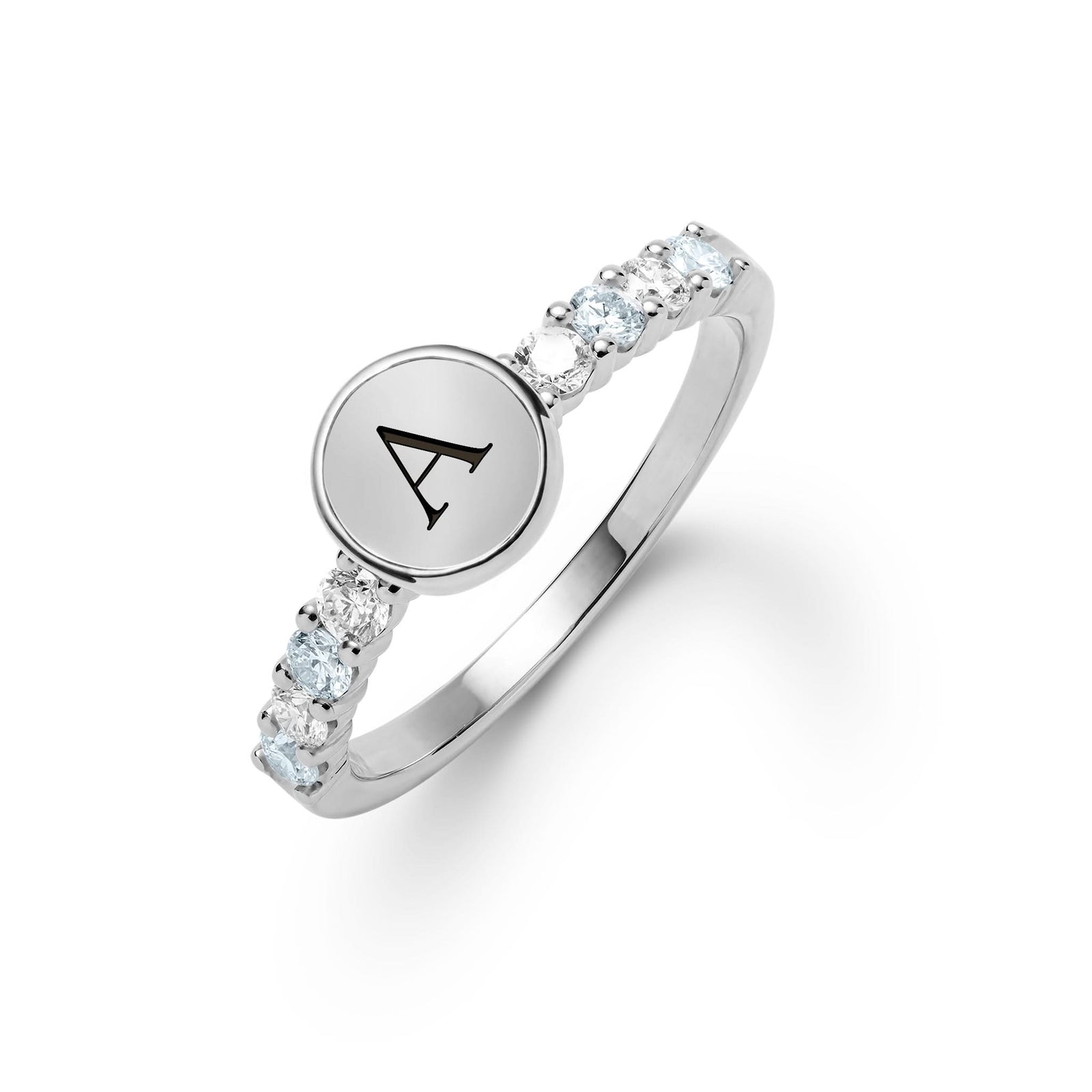 14k white gold Rosecliff Letter Ring, featuring a flat engraved letter disc with 2 mm faceted round cut, prong set, both sustainable Aquamarines and Diamonds - aspect view