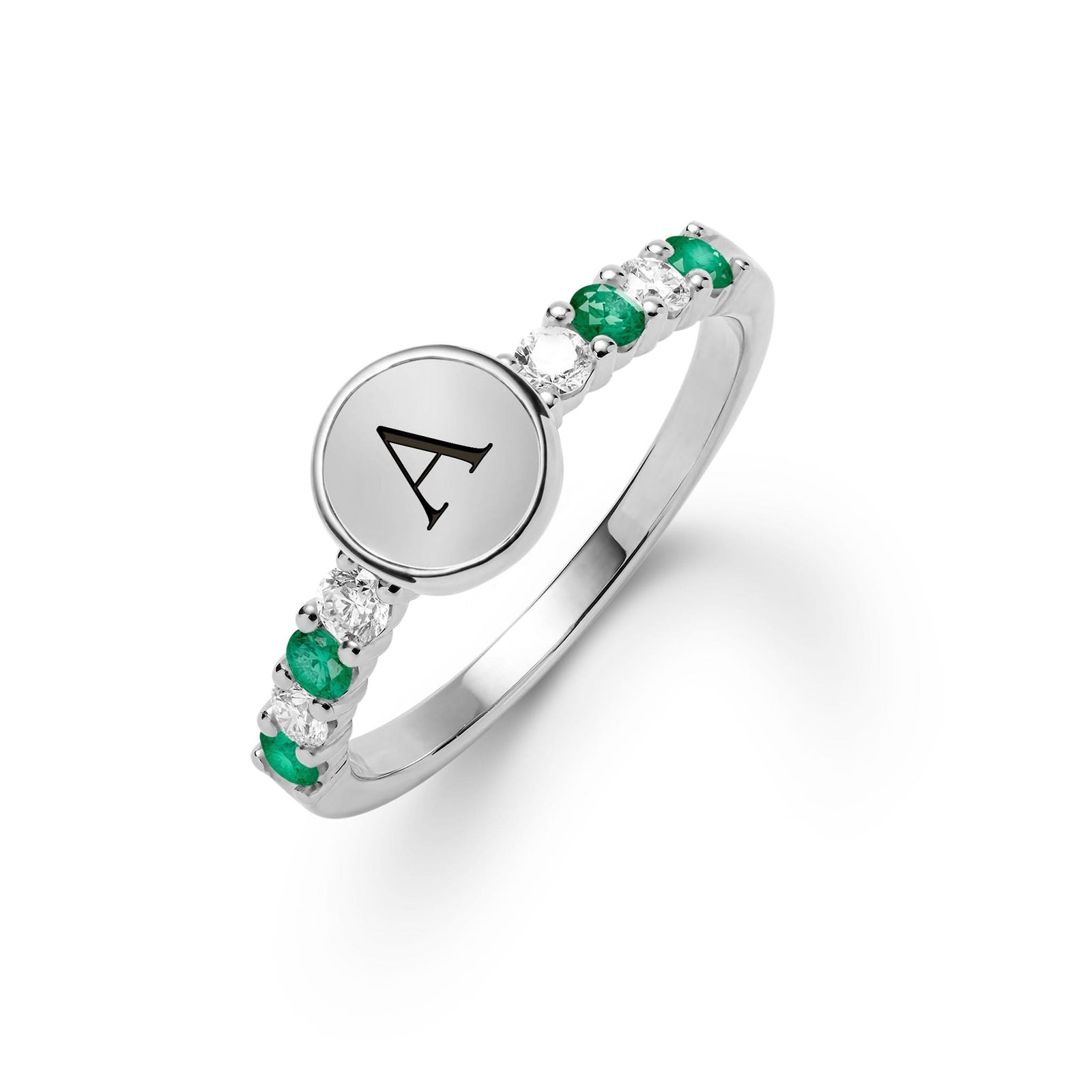 14k white gold Rosecliff Letter Ring, featuring a flat engraved letter disc with 2 mm faceted round cut, prong set, both sustainable Emeralds and Diamonds - aspect view