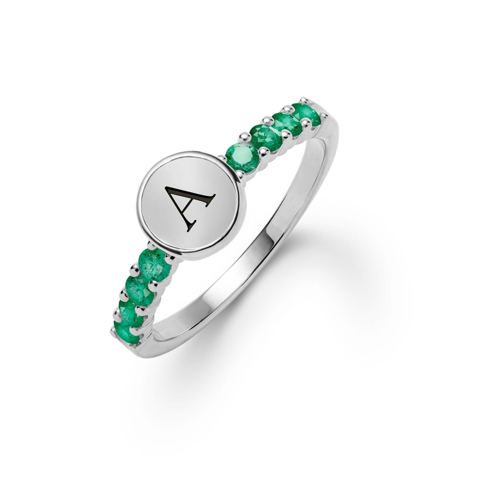 14k white gold Rosecliff Letter Emerald Ring, featuring a flat engraved letter disc with 2 mm faceted round cut, prong set Emeralds - aspect view