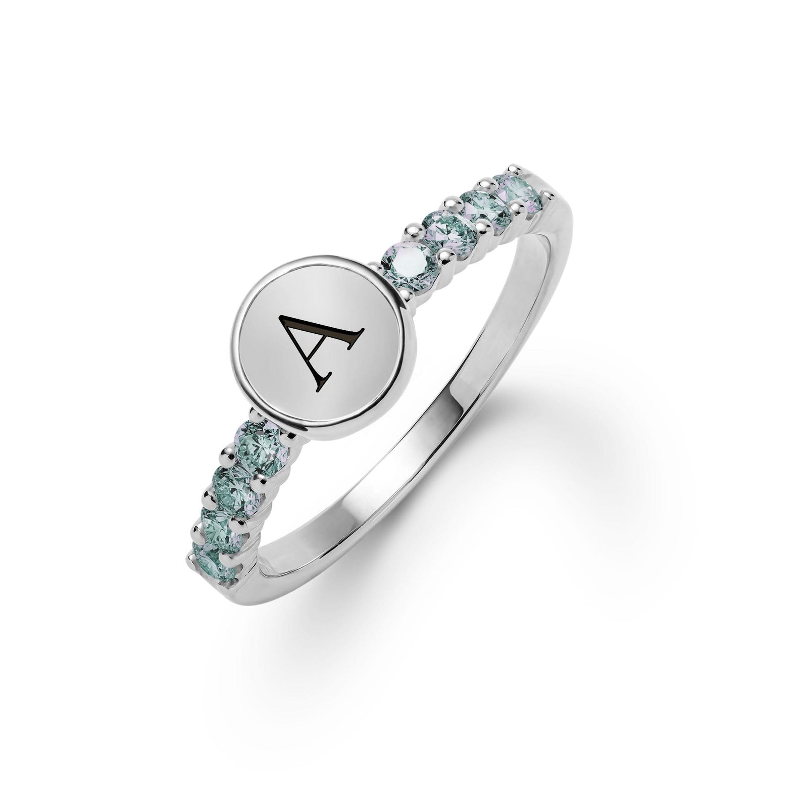 14k white gold Rosecliff Letter Alexandrite Ring, featuring a flat engraved letter disc with 2 mm faceted round cut, prong set Alexandrites - aspect view