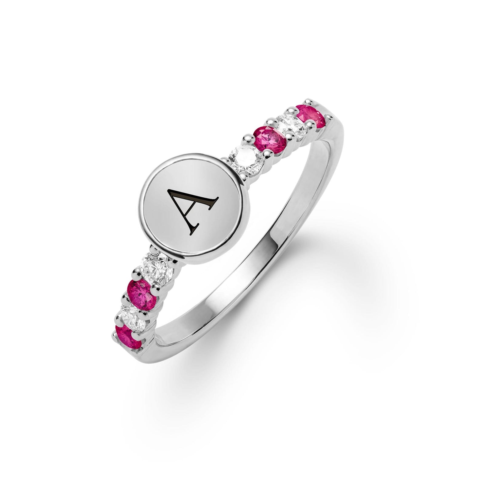 14k white gold Rosecliff Letter Ring, featuring a flat engraved letter disc with 2 mm faceted round cut, prong set, both sustainable Rubies and Diamonds - aspect view
