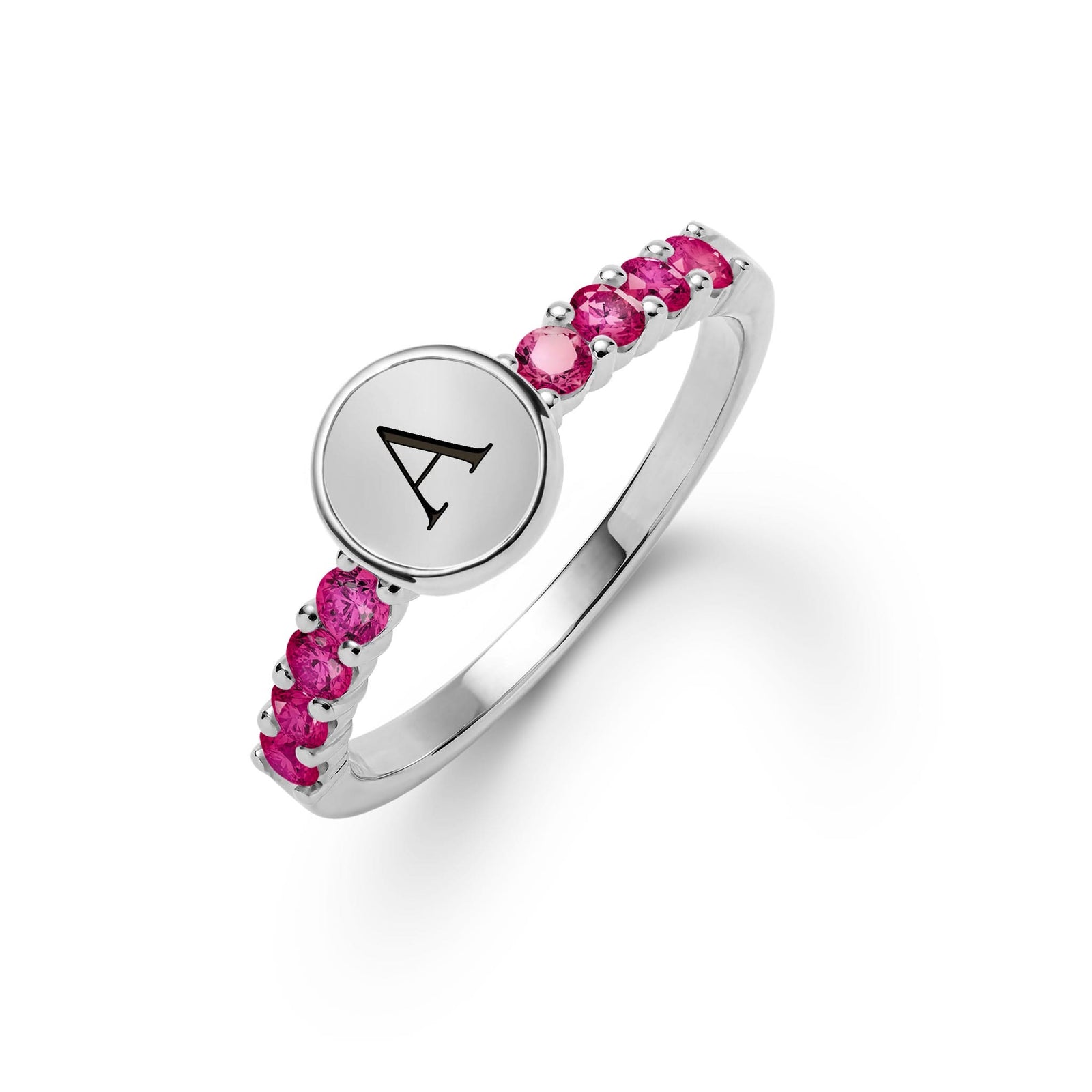 14k white gold Rosecliff Letter Ring, featuring a flat engraved letter disc with 2 mm faceted round cut, prong set, both sustainable sustainable Rubies - aspect view