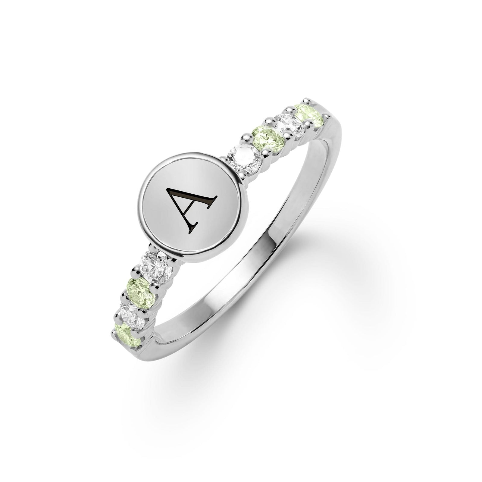14k white gold Rosecliff Letter Ring, featuring a flat engraved letter disc with 2 mm faceted round cut, prong set, both sustainable Peridots and Diamonds - aspect view