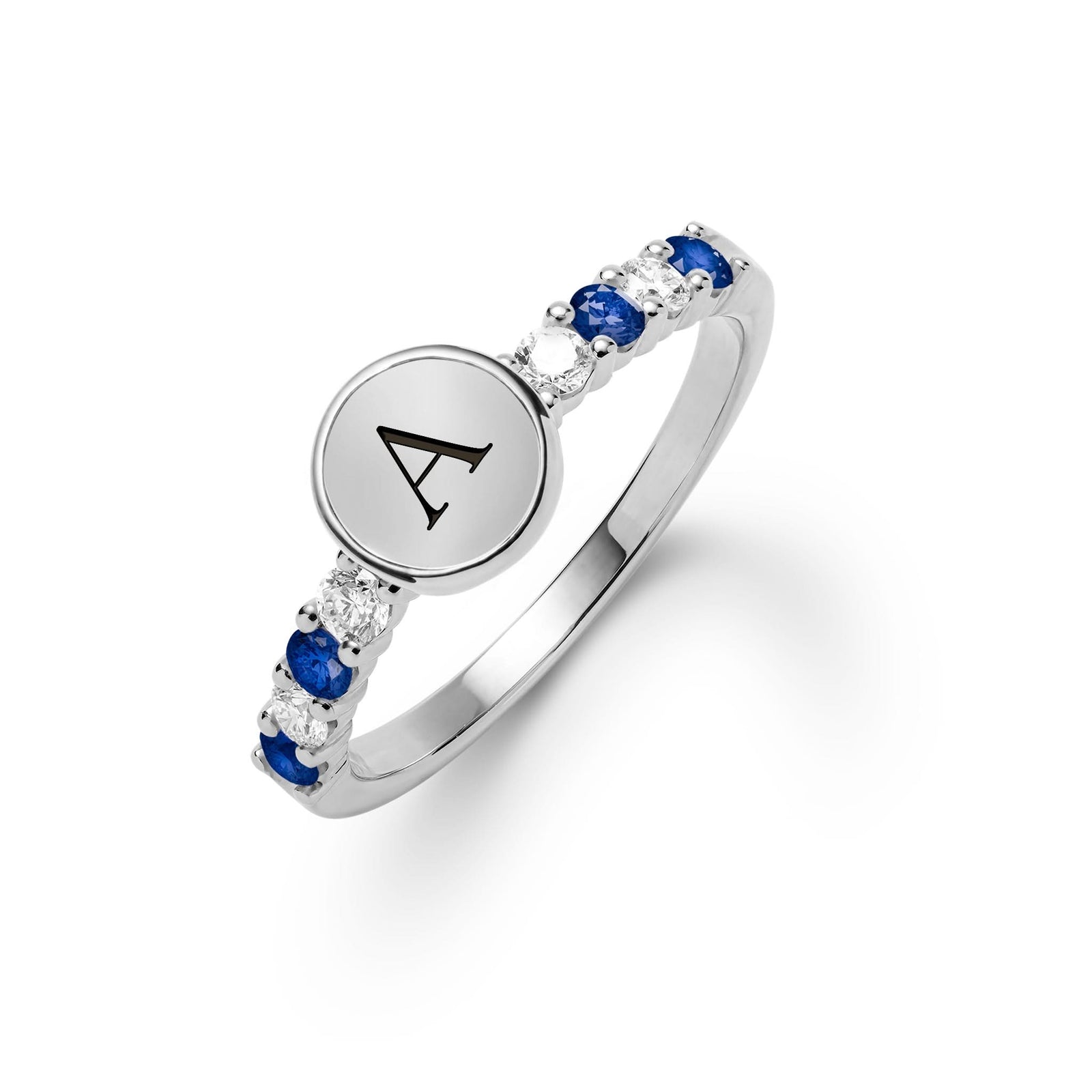 14k white gold Rosecliff Letter Diamond & Sapphire Ring, featuring a monogrammed disc with alternating 2 mm faceted round cut, prong set, Sapphires and Diamonds - aspect view
