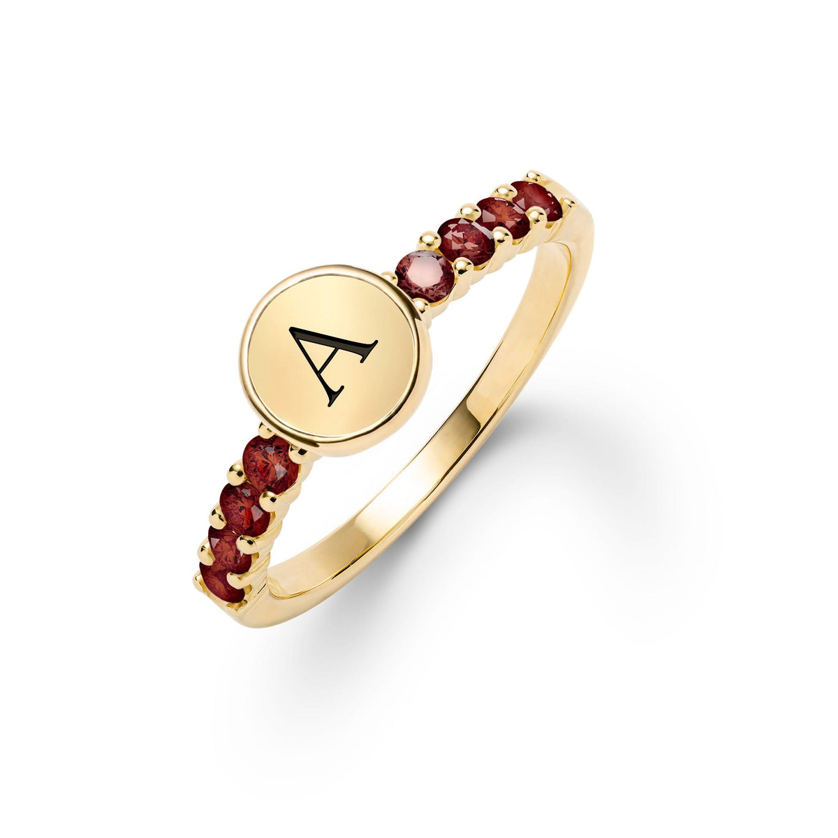 14k gold Rosecliff Letter Ring, featuring a monogrammed disc nestled between 2 mm faceted round cut, prong set Garnets - aspect view