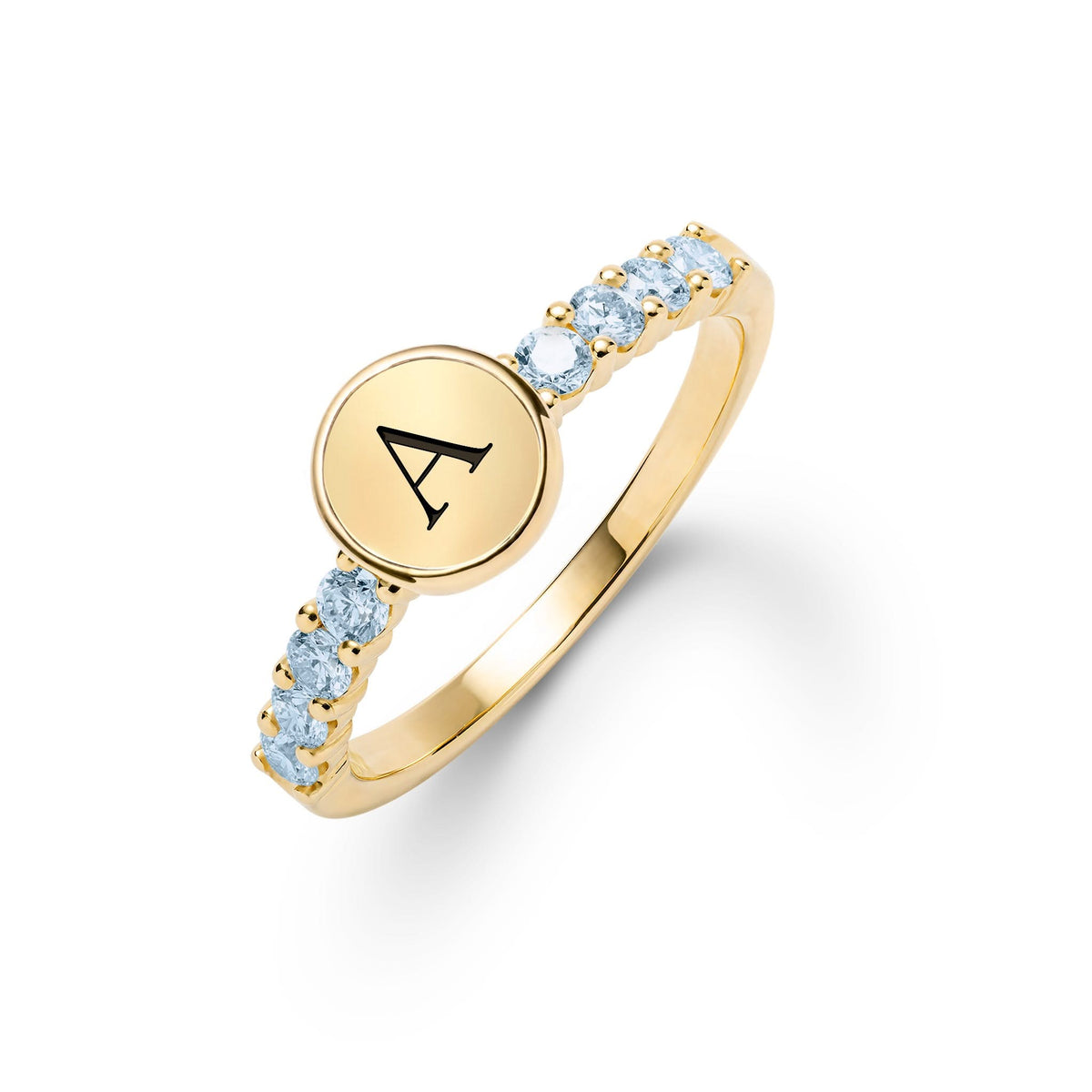14k gold Rosecliff Letter Ring, featuring a flat engraved letter disc nestled between 2 mm faceted round cut, prong set Blue Topaz - aspect view