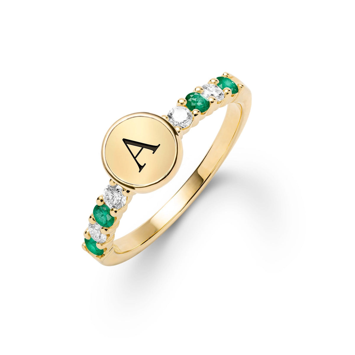 14k gold Rosecliff Letter, featuring a flat engraved letter disc nestled between alternating 2 mm faceted round cut, prong set Emeralds and Diamonds - aspect view
