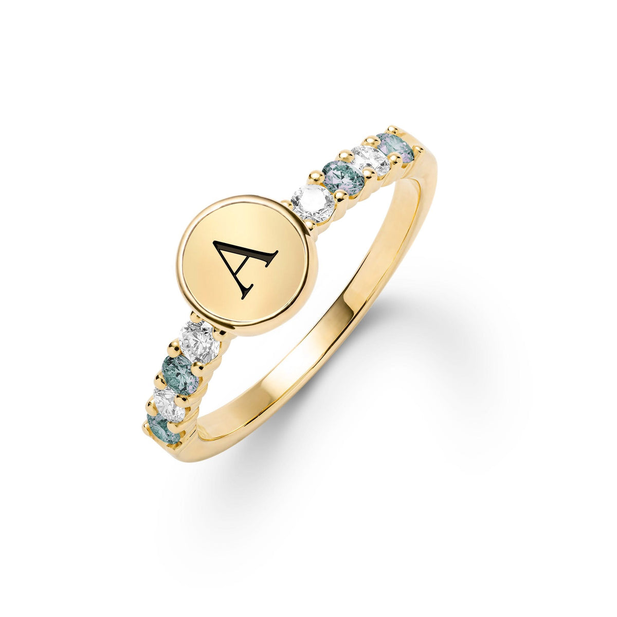 14k gold Rosecliff Letter Ring, featuring a flat engraved letter disc nestled between alternating 2 mm faceted round cut, prong set Alexandrites and Diamonds - aspect view