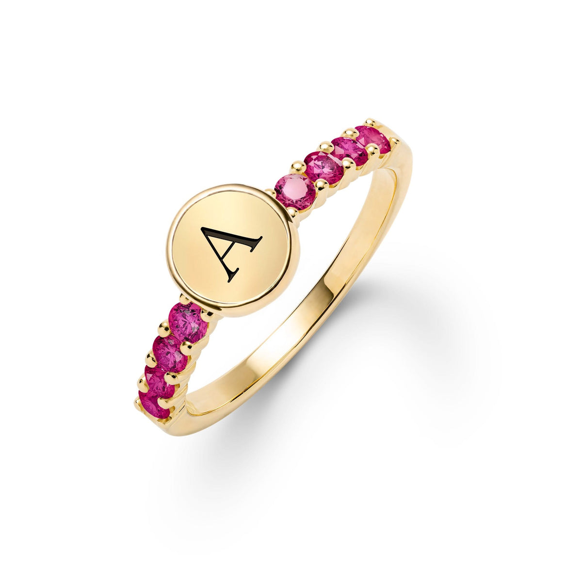 14k gold Rosecliff Letter Ring, featuring a flat engraved letter disc nestled between alternating 2 mm faceted round cut, prong set sustainable Rubies - aspect view