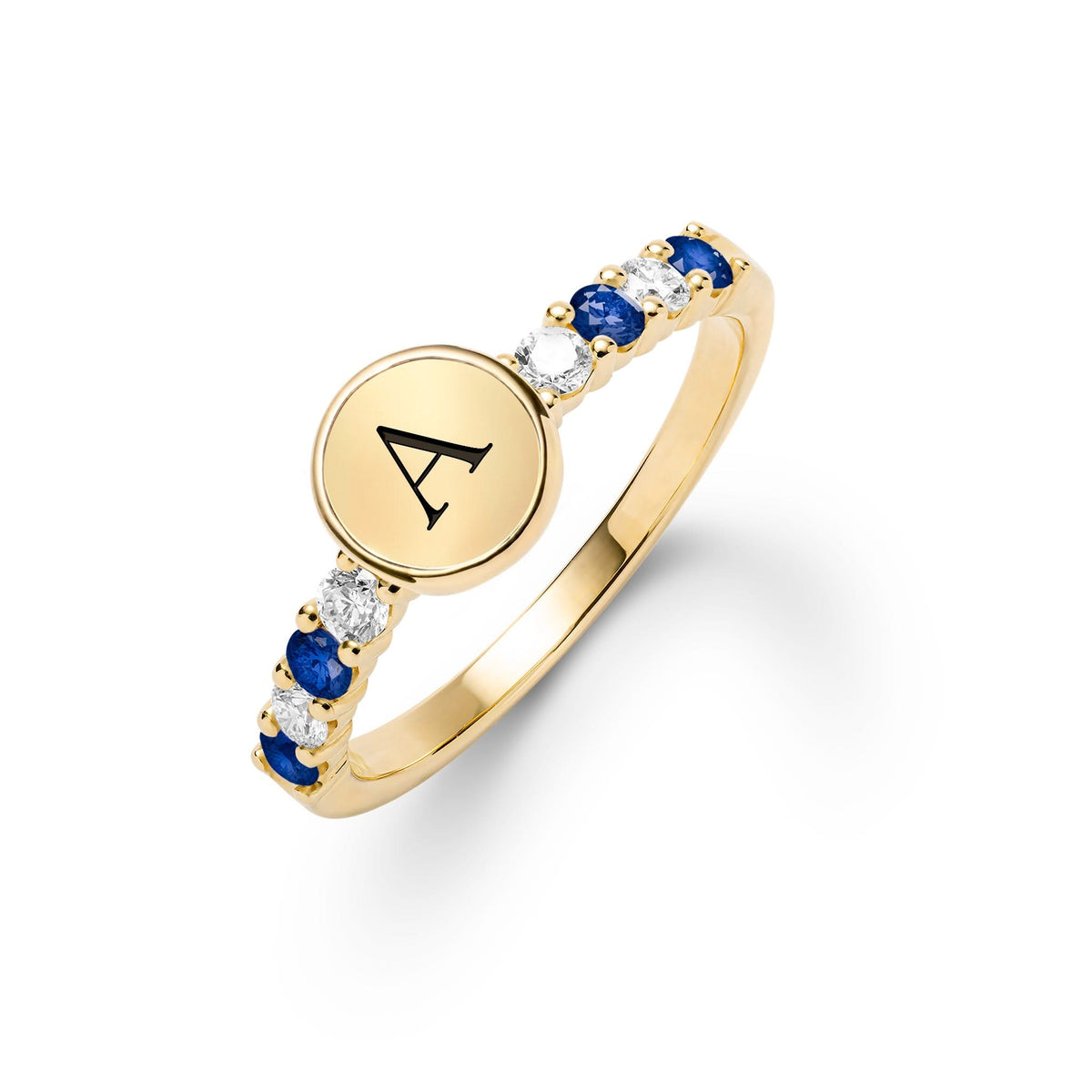 14k gold Rosecliff Letter Diamond & Sapphire Ring, featuring a letter disc nestled between 2 mm faceted round cut, prong set, Sapphires and Diamonds - aspect view