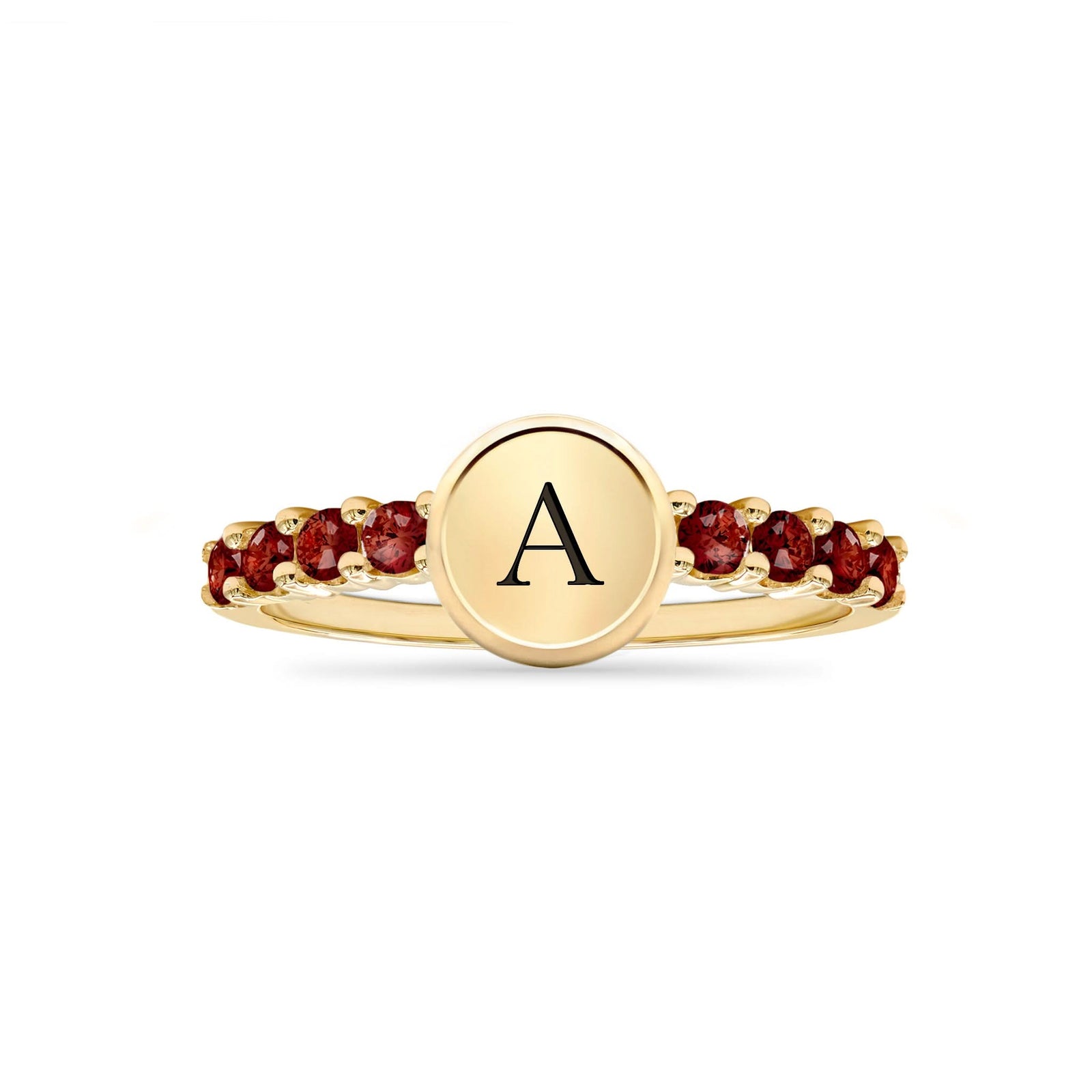 14k gold Rosecliff Letter Garnet Ring, featuring a letter monogram and 2mm faceted round cut, prong-set Garnets - front view