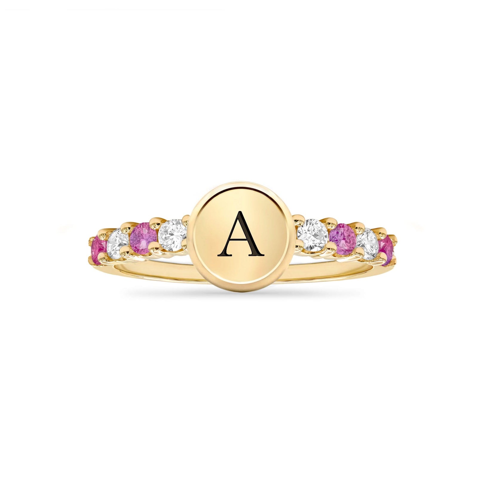 14k gold Rosecliff Letter Ring, the birthstone for October, featuring a letter monogram and alternating 2mm faceted round cut, prong-set Pink Sapphires and Diamonds - front view