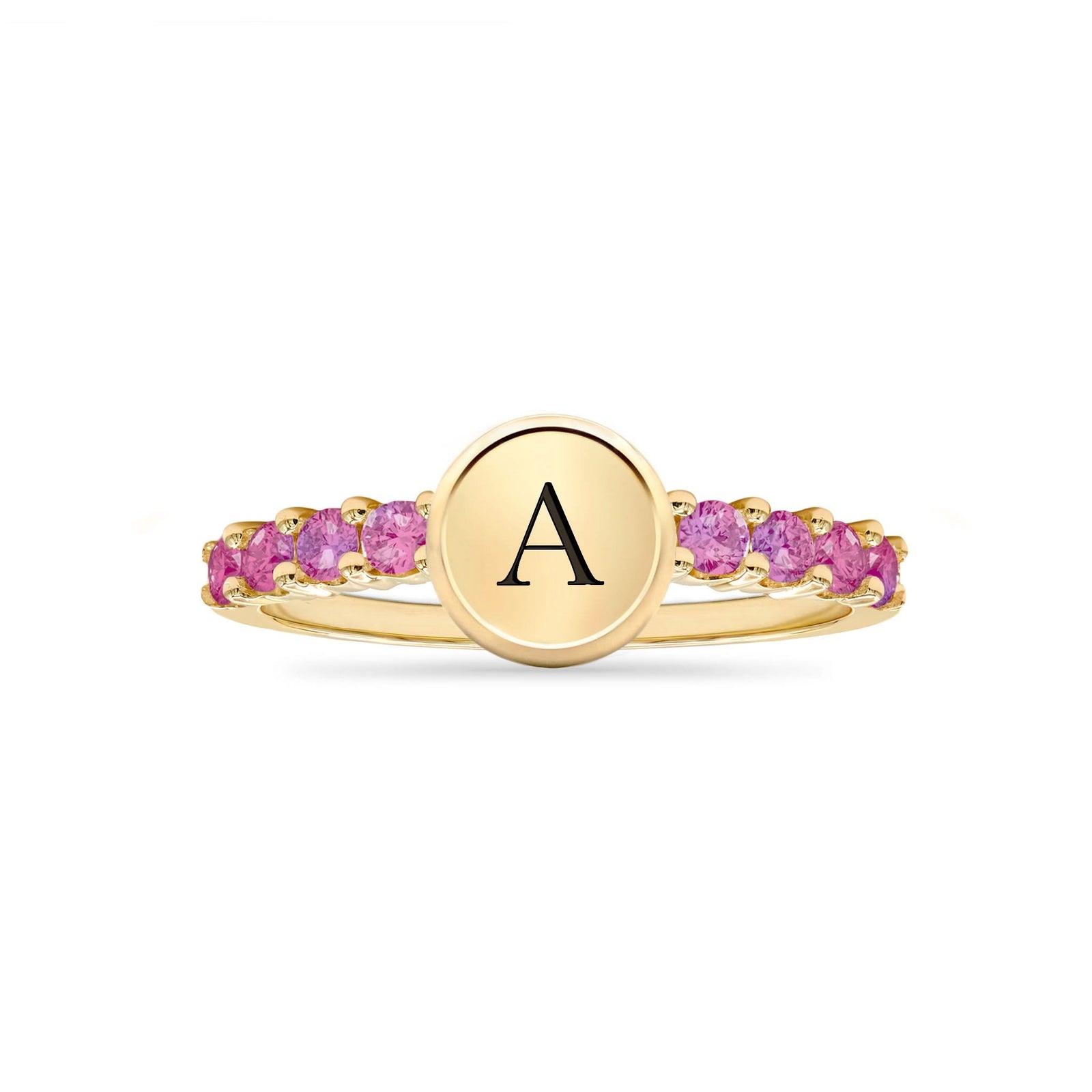 14k gold Rosecliff Letter Ring, the birthstone for October, featuring a letter monogram and alternating 2mm faceted round cut, prong-set Pink Sapphire - front view