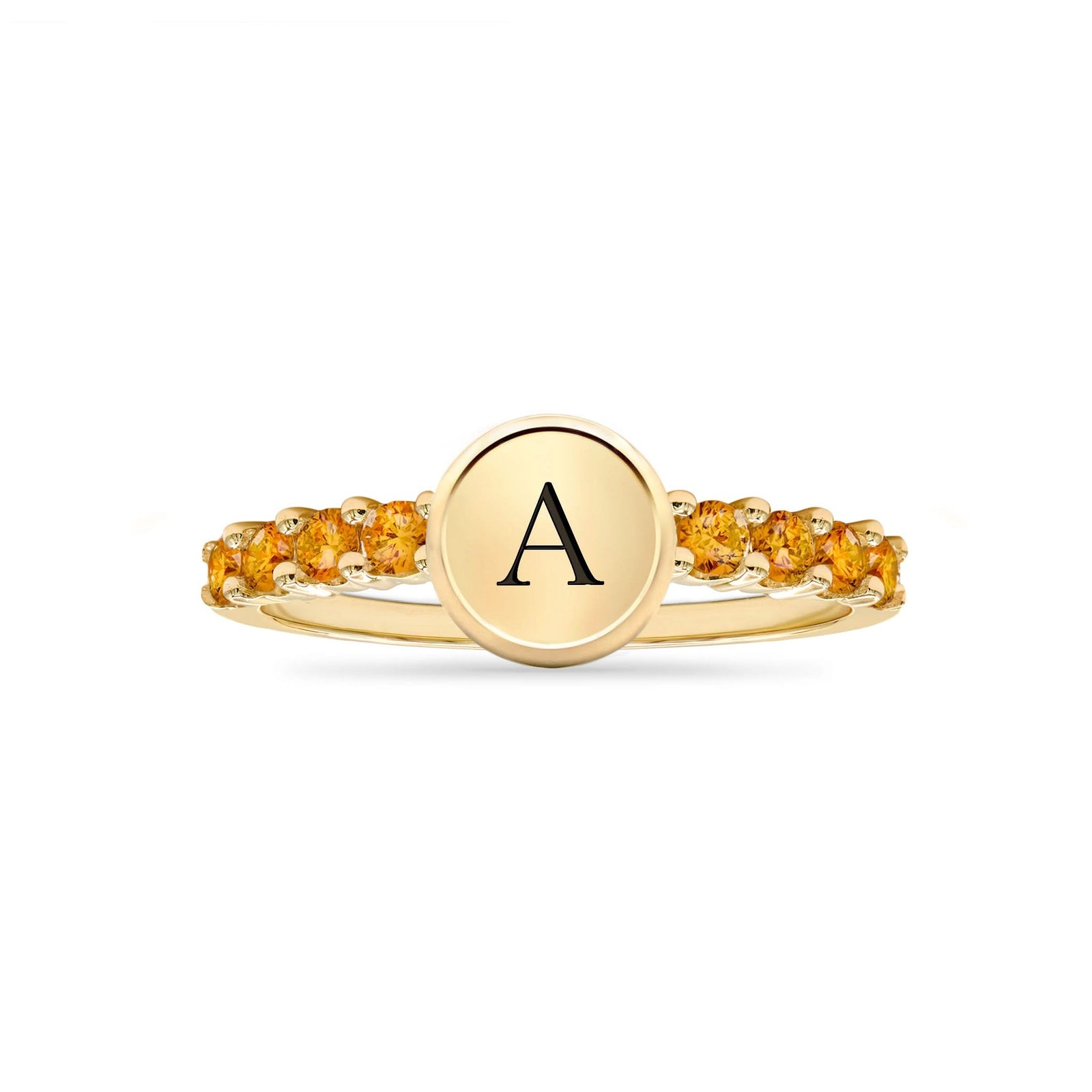 14k gold Rosecliff Letter Citrine Ring, the birthstone for November, featuring a letter monogram and 2mm faceted round cut, prong-set Citrines - front view