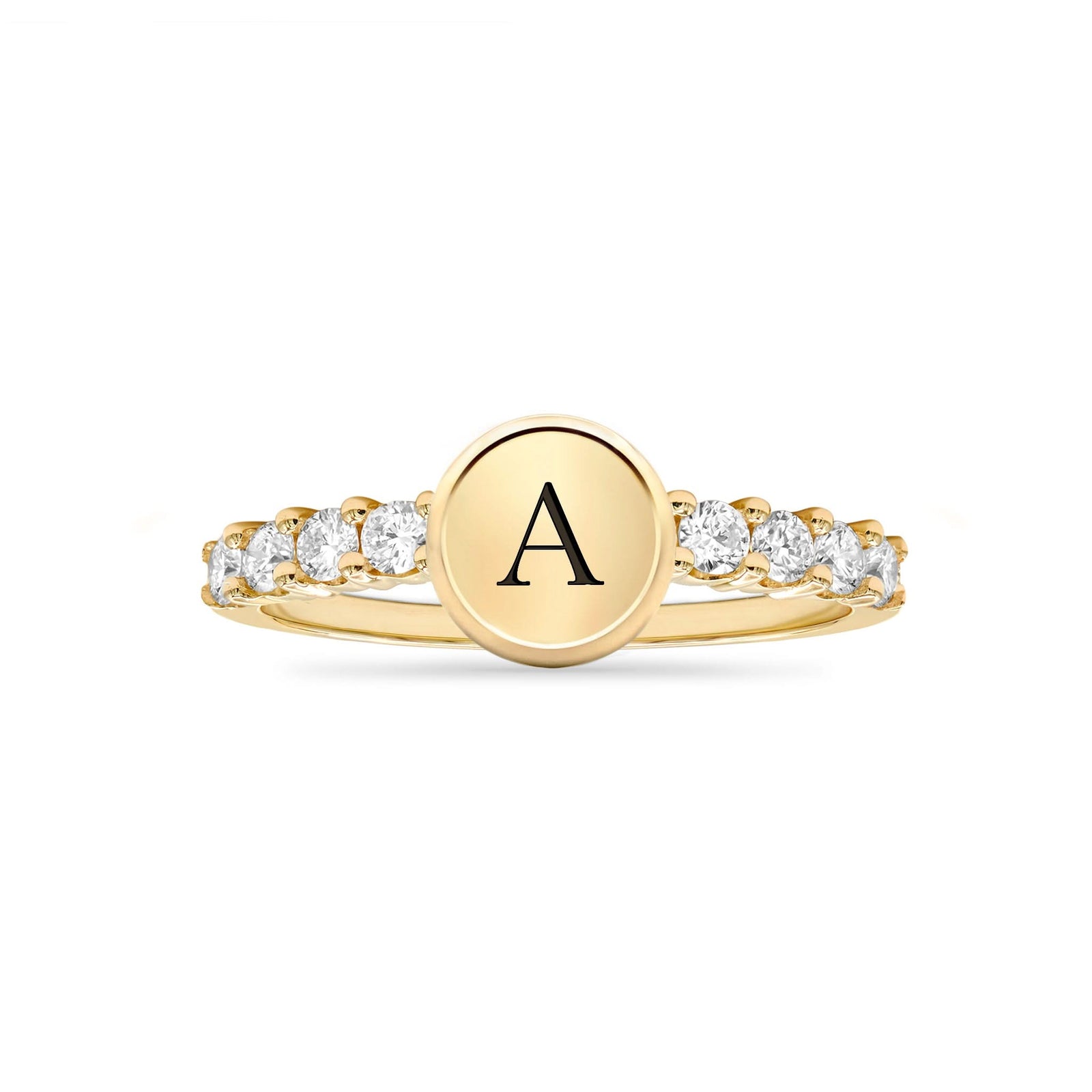 14k gold Rosecliff Letter Diamond Ring, featuring an letter monogram and 2mm faceted round cut, prong-set Diamonds - front view