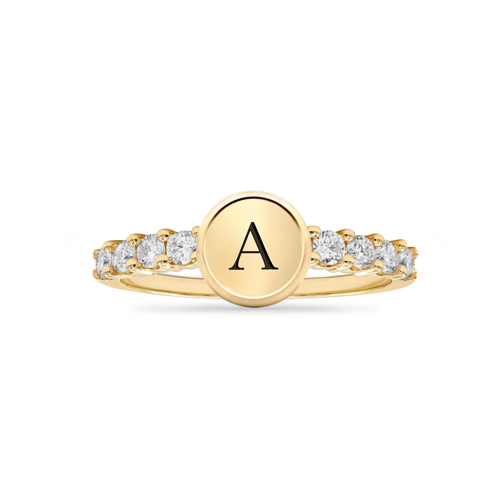 14k white gold Rosecliff Letter Ring, featuring a flat engraved letter disc with 2 mm faceted round cut, prong set, both sustainable White Topaz - aspect view