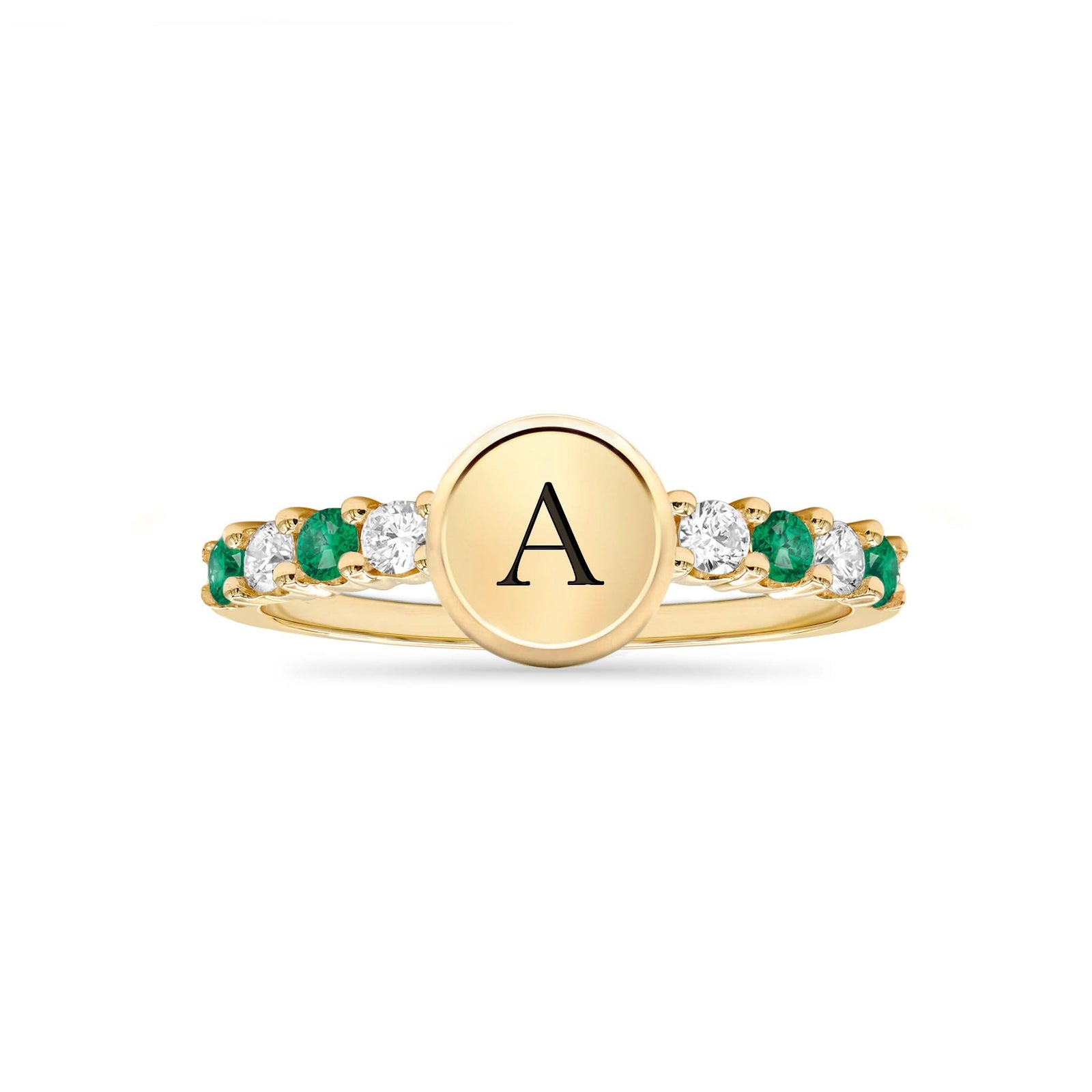 14k gold Rosecliff Letter Ring, the birthstone for May, featuring a letter monogram and alternating 2mm faceted round cut, prong-set Emeralds and Diamonds - front view