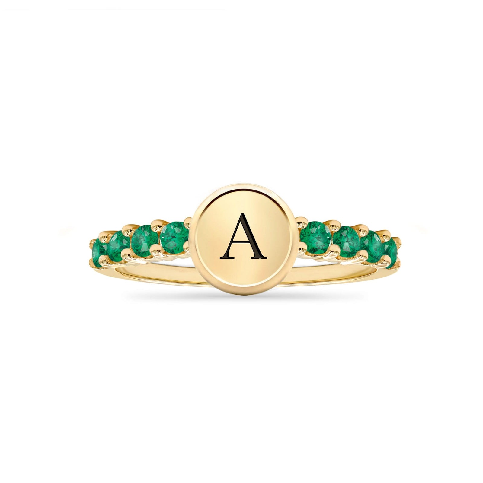 14k gold Rosecliff Letter Emerald Ring, featuring an letter monogram and alternating 2mm faceted round cut, prong-set Emeralds - front view