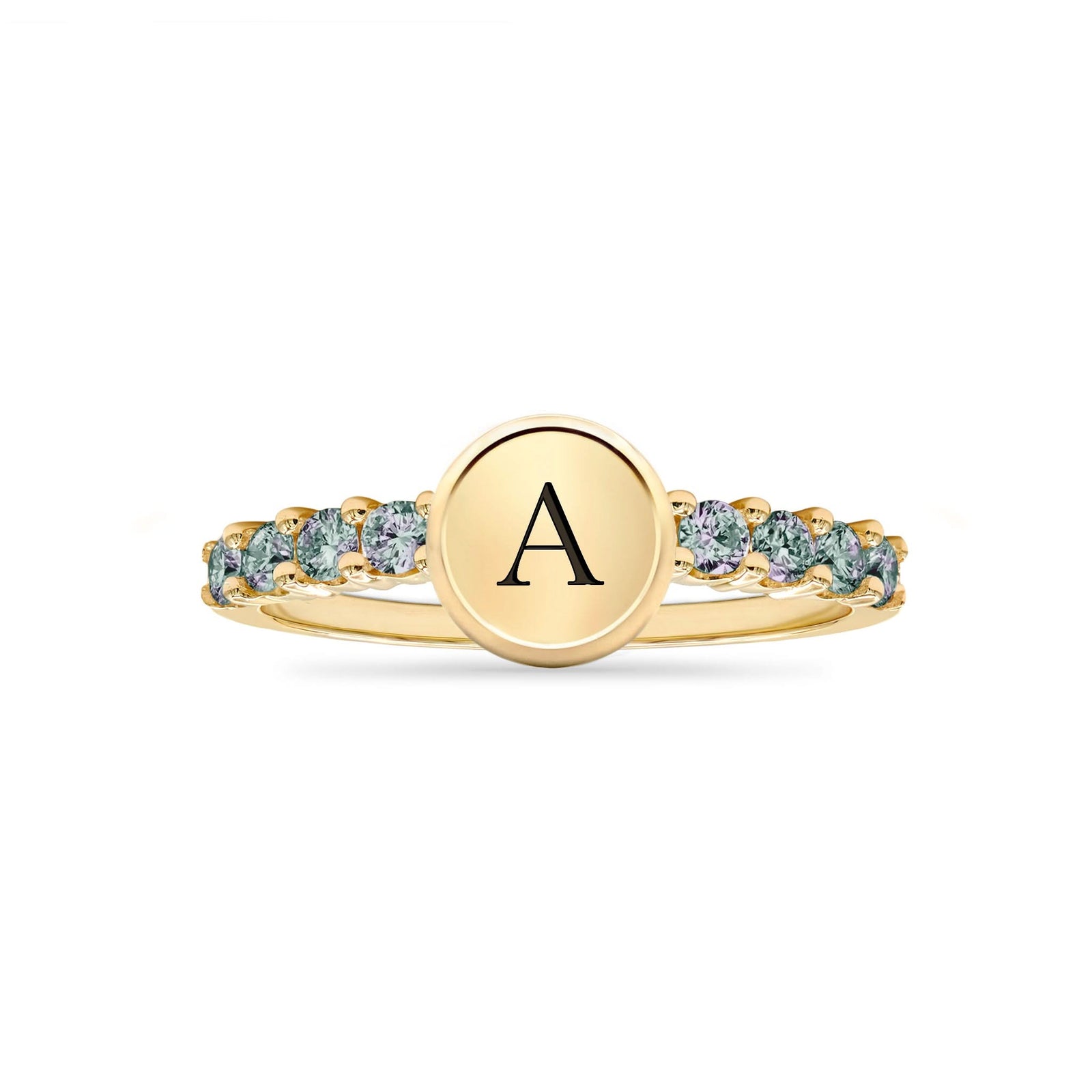 14k gold Rosecliff Letter Alexandrite Ring, featuring a letter monogram and alternating 2mm faceted round cut, prong-set Alexandrites - front view