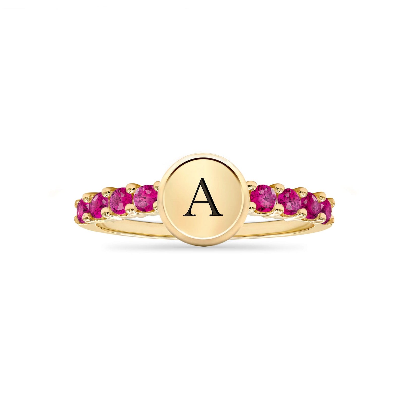 14k gold Rosecliff Letter Ring, the birthstone for October, featuring a letter monogram and alternating 2mm faceted round cut, prong-set sustainable Rubies - front view