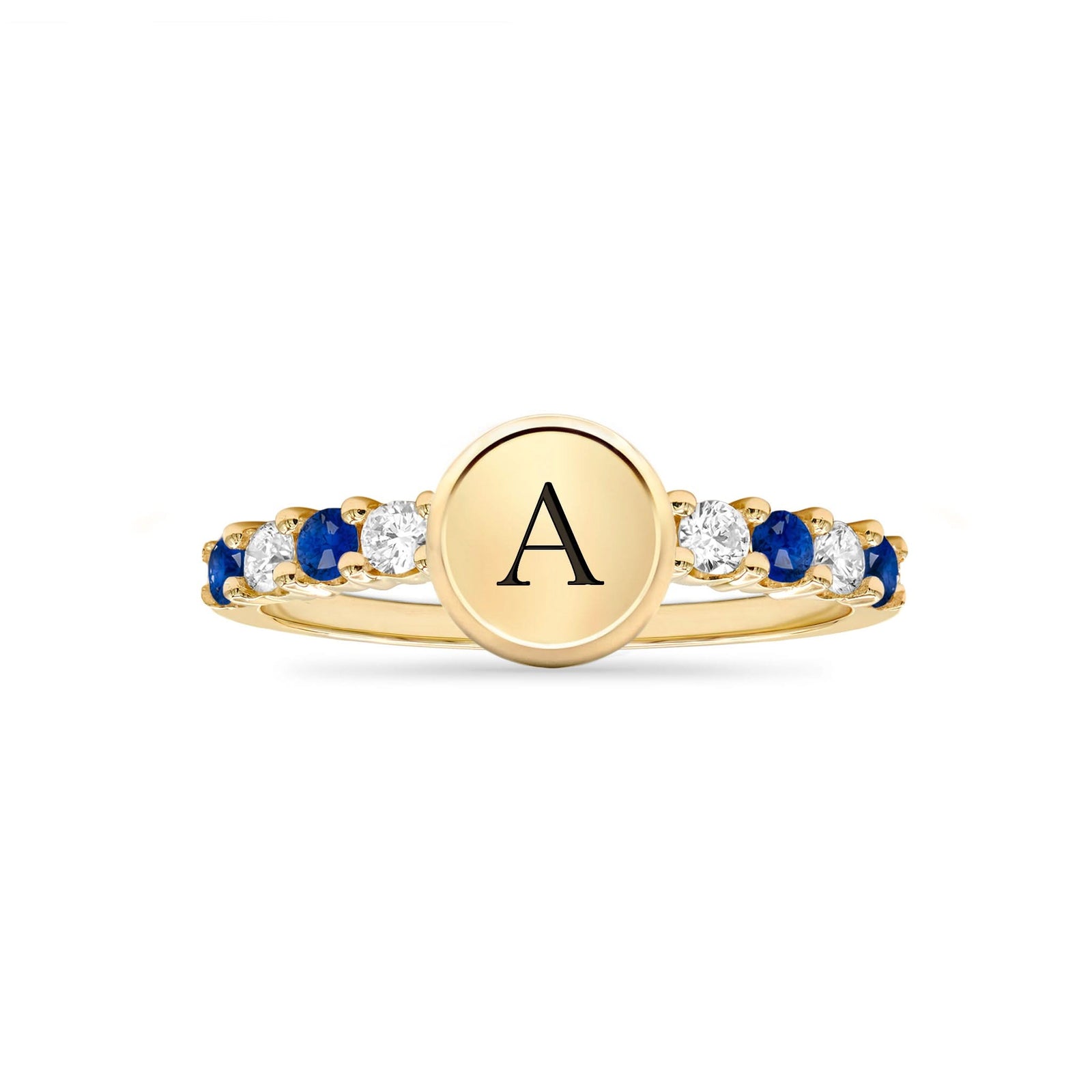 14k gold Rosecliff Letter Diamond & Sapphire Ring, featuring an letter monogram and alternating 2mm faceted round cut, prong-set Sapphires and diamonds - front view