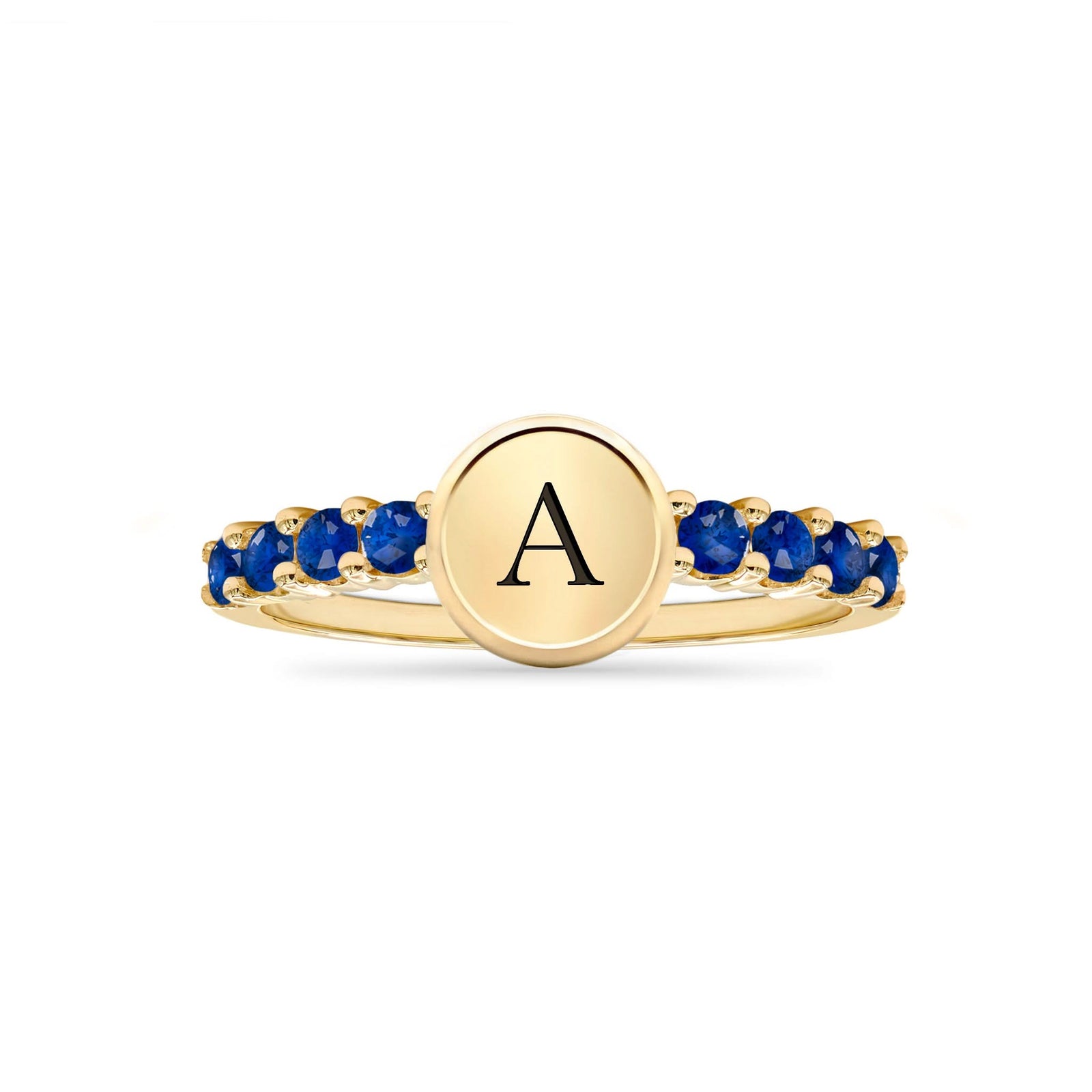 14k gold Rosecliff Letter Ring, the birthstone for September, featuring a letter monogram and alternating 2mm faceted round cut, prong-set Sapphire - front view