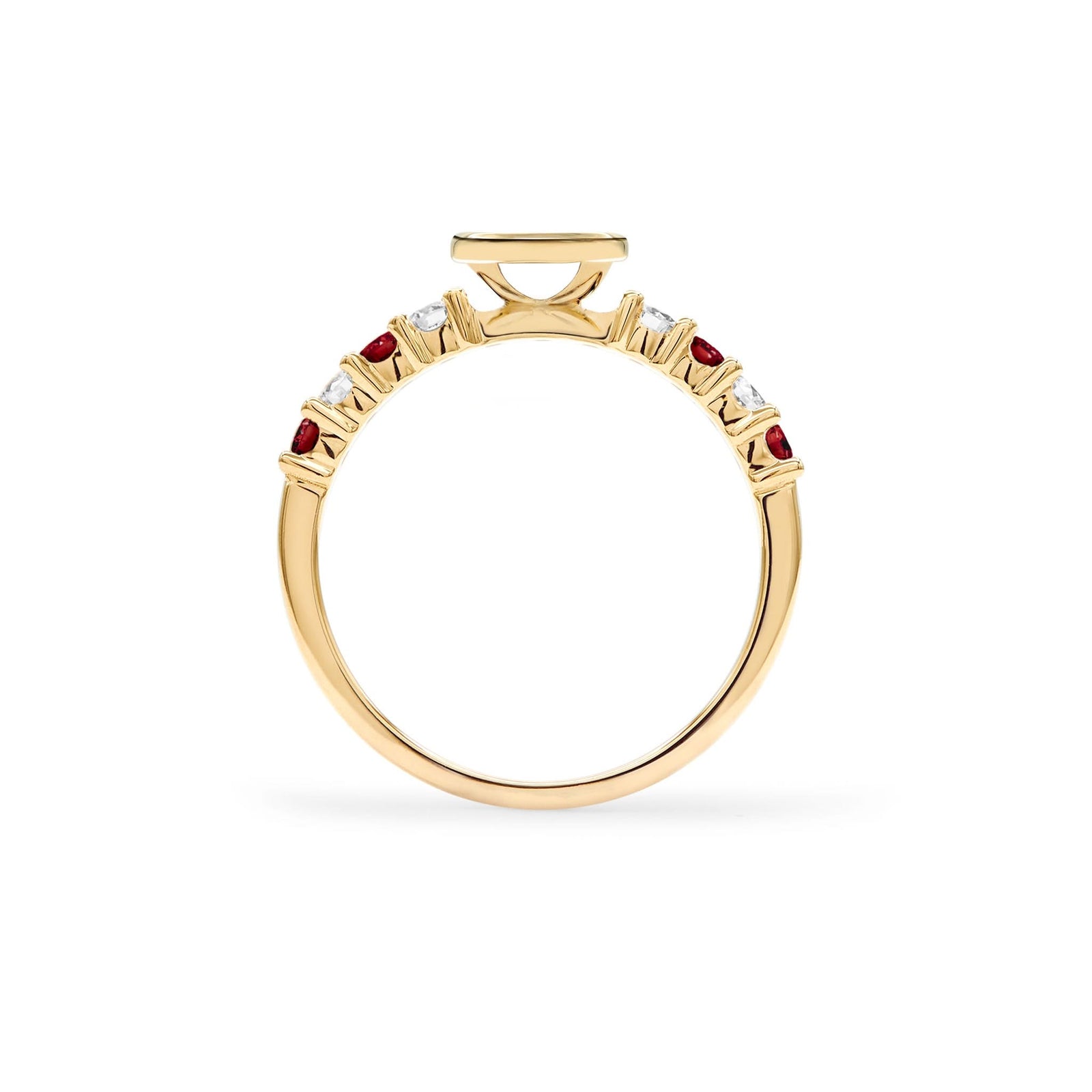 The 14k gold Rosecliff Letter Ring, showcasing alternating 2 mm faceted round cut, prong set Garnets and Diamonds - standing view