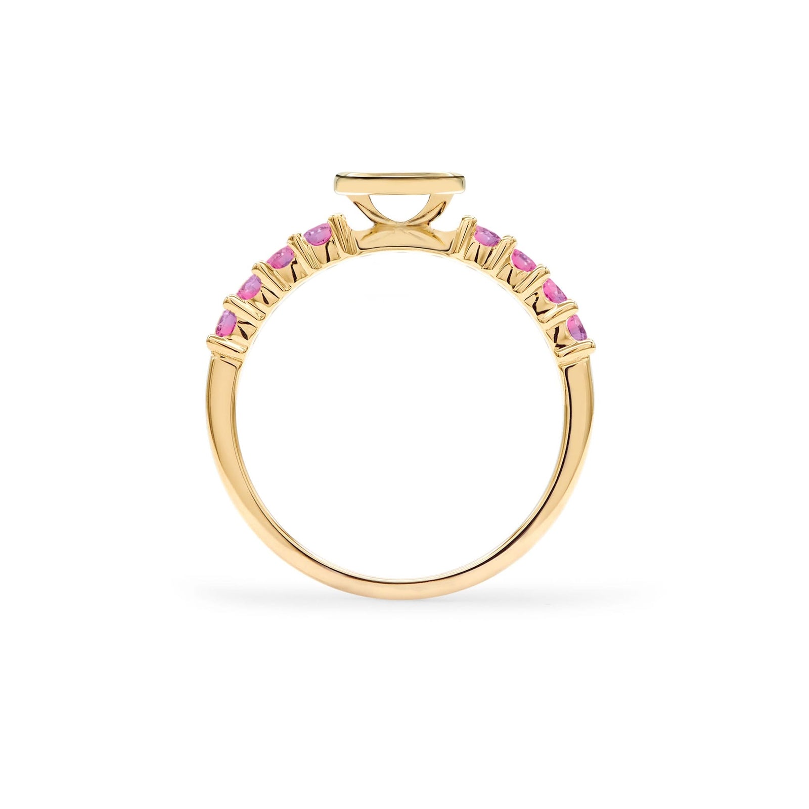 The 14k gold Rosecliff Letter Ring, showcasing alternating 2 mm faceted round cut, prong set Rubies and sustainable Diamonds - standing view