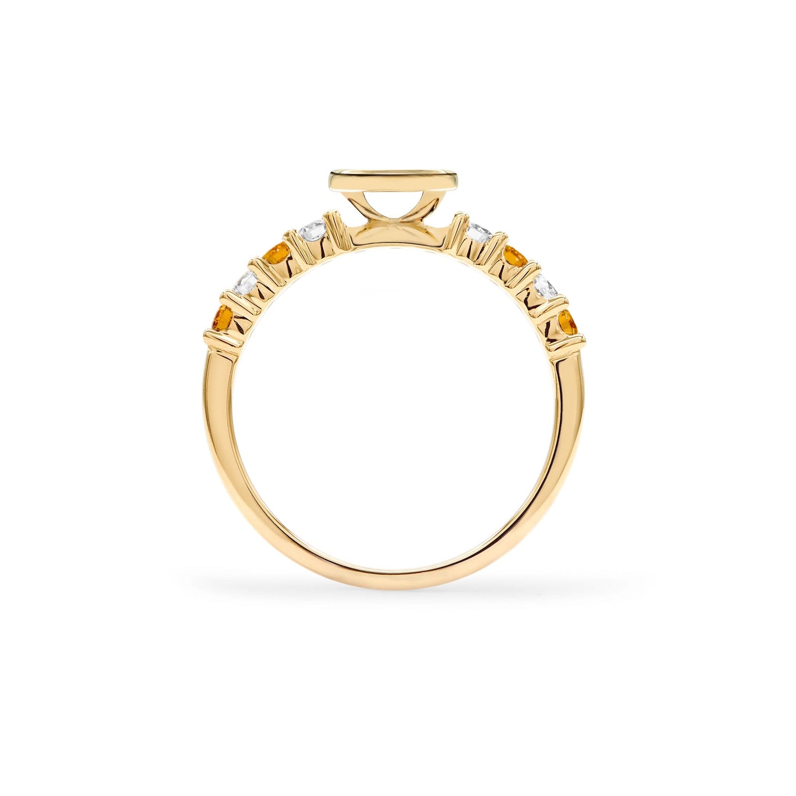 The 14k gold Rosecliff Letter Ring, showcasing alternating 2 mm faceted round cut, prong set Citrines and Diamonds - standing view