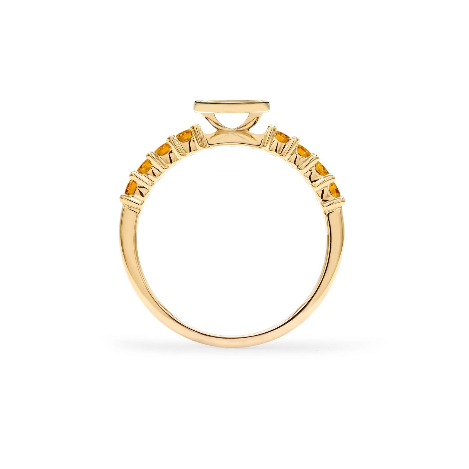 The 14k gold Rosecliff Letter Citrine Ring, showcasing the 2 mm faceted round cut, prong set Citrines - standing view