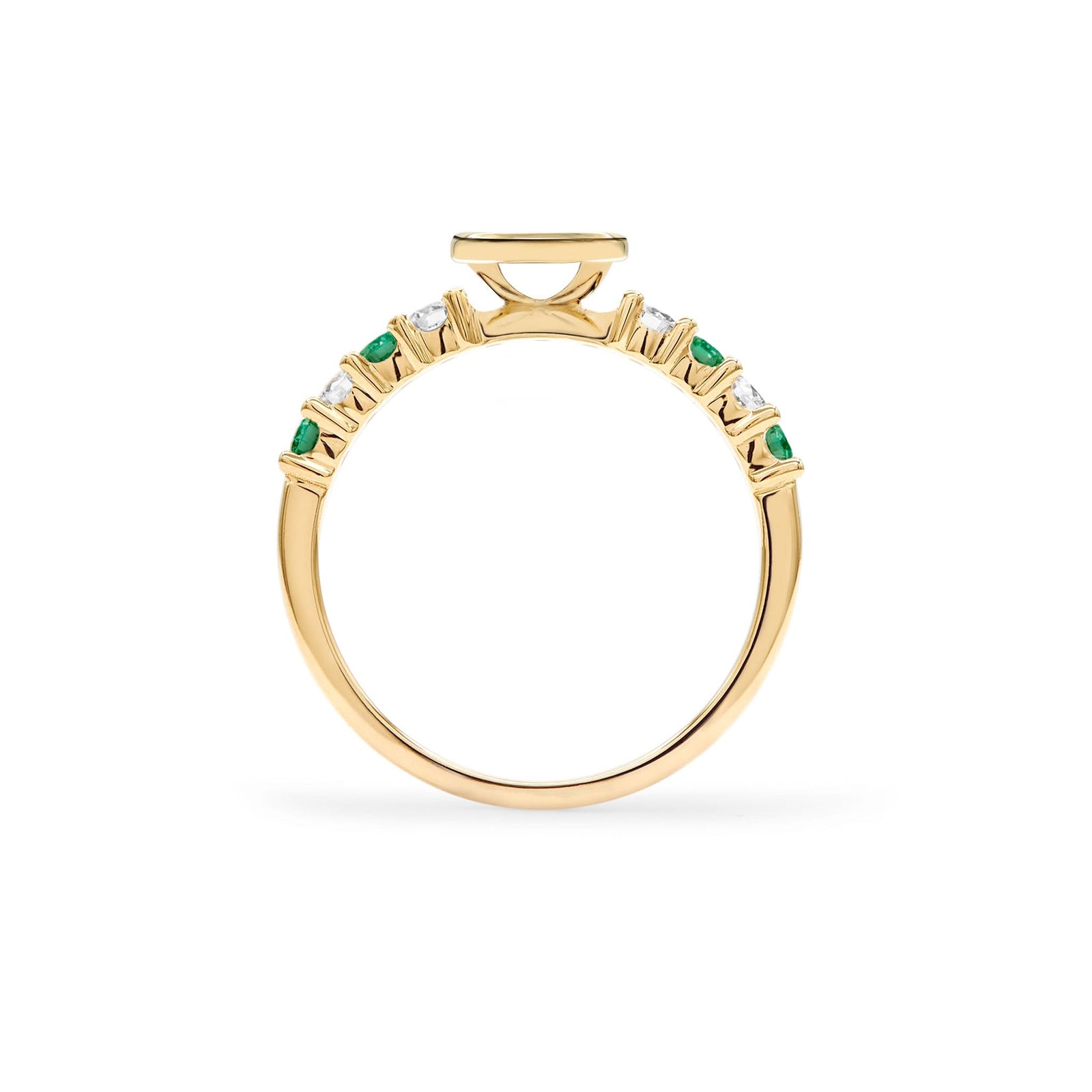 The 14k gold Rosecliff Letter Ring, showcasing alternating 2 mm faceted round cut, prong set Emeralds and Diamonds - standing view