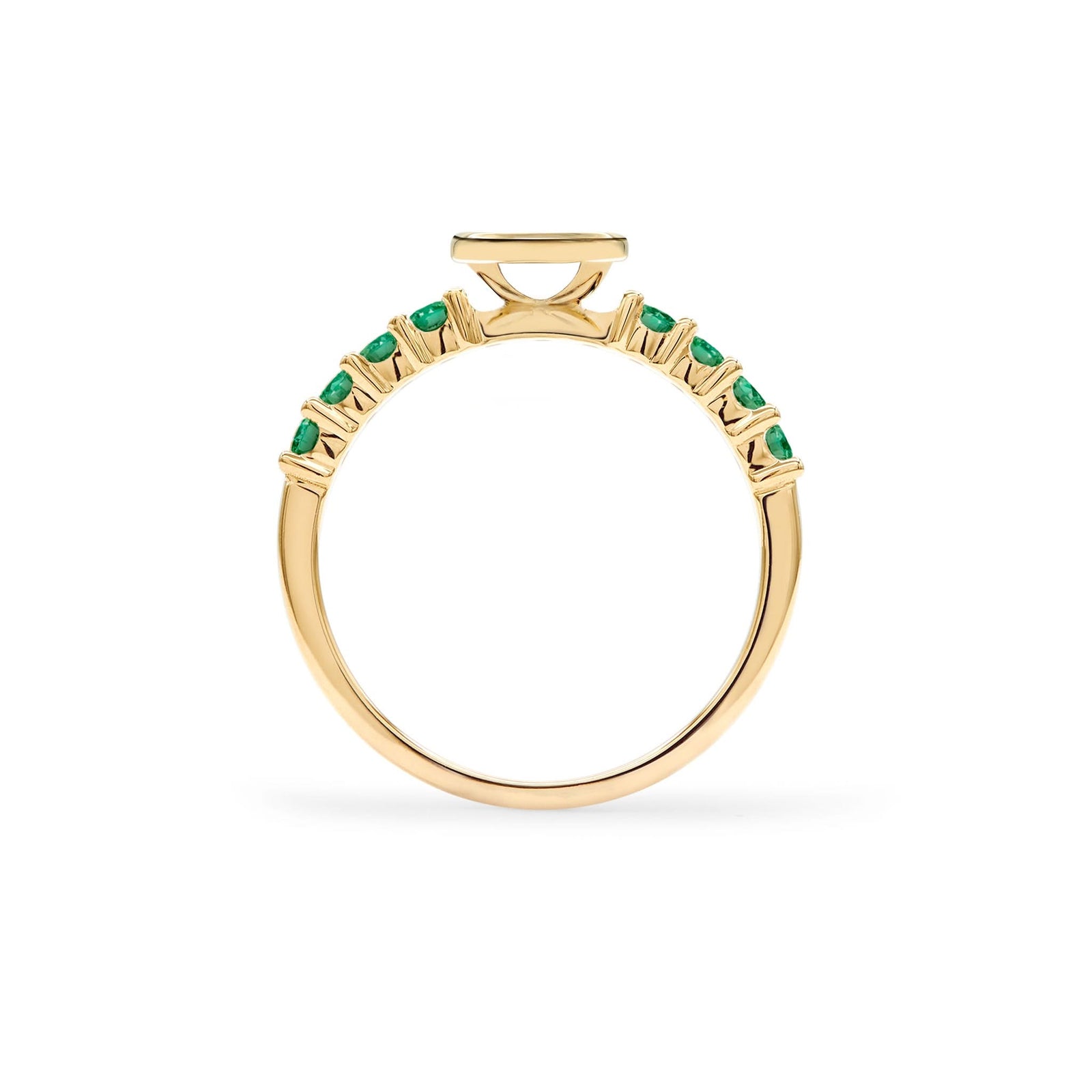 The 14k gold Rosecliff Letter Emerald Ring, the birthstone for May, showcasing the 2 mm faceted round cut, prong set Emeralds - standing view