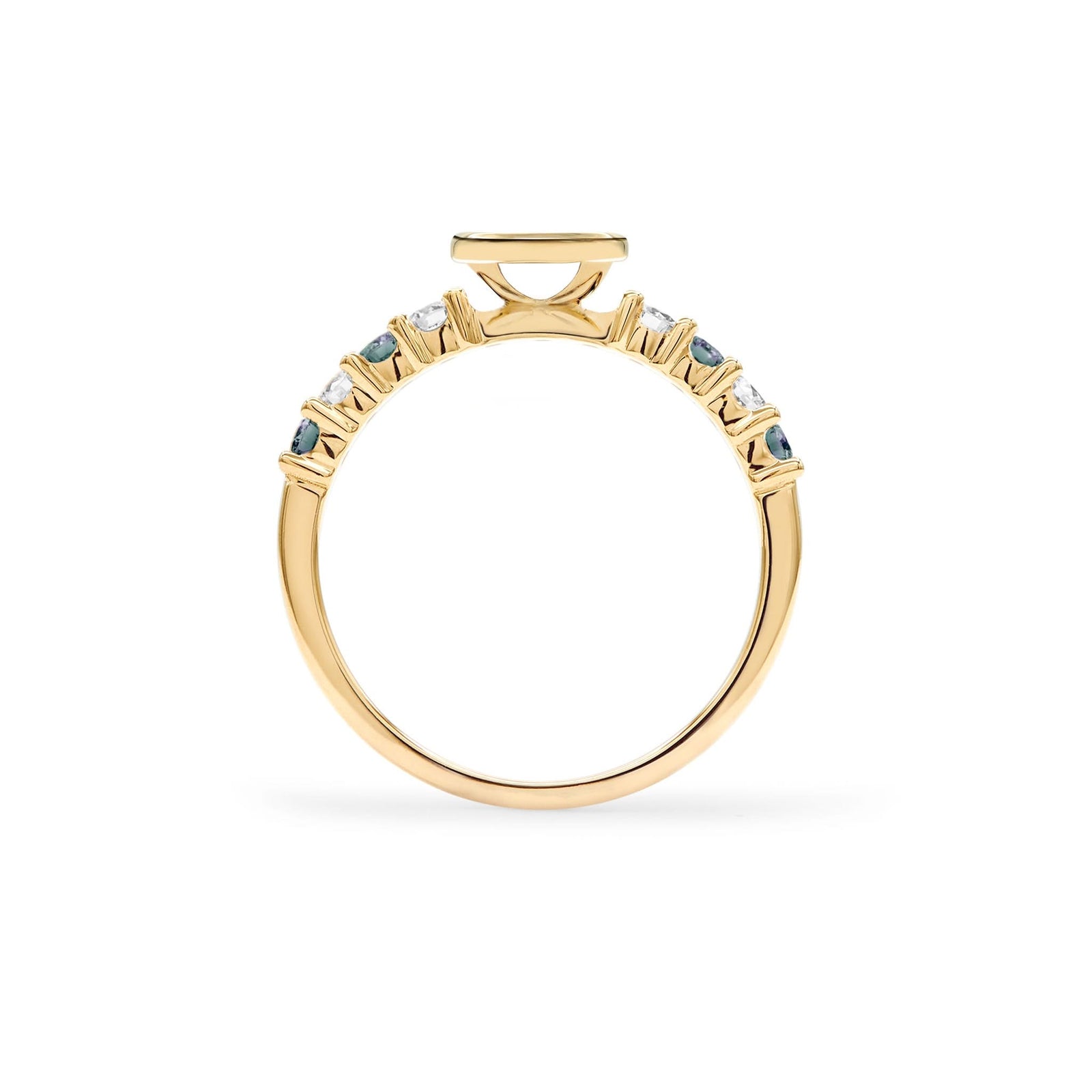 The 14k gold Rosecliff Letter Ring, showcasing the alternating 2 mm faceted round cut, prong set Alexandrites and Diamonds - standing view