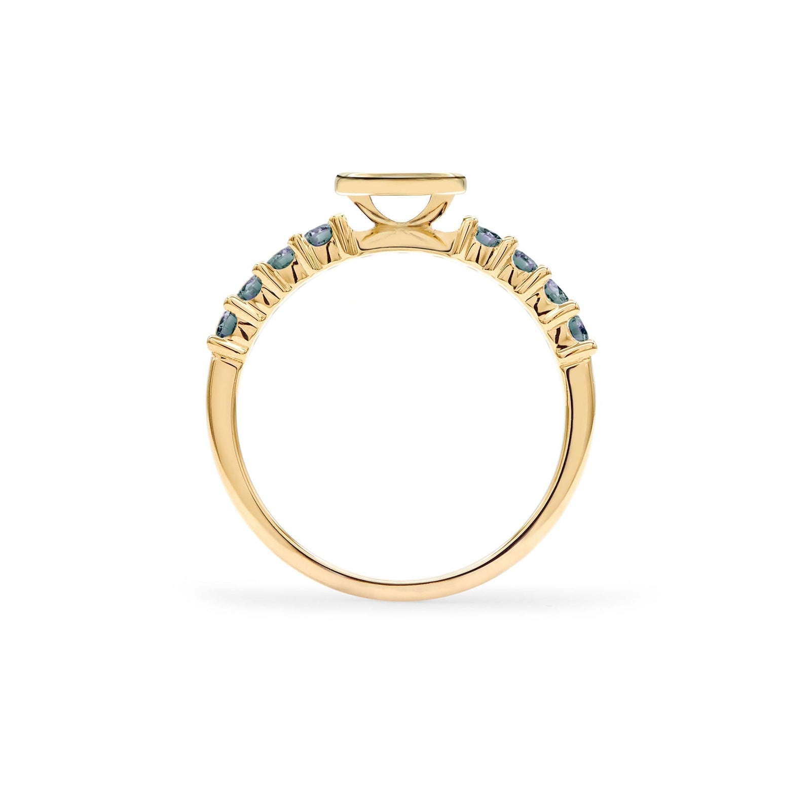 The 14k gold Rosecliff Letter Alexandrite Ring, the birthstone for June, showcasing the 2 mm faceted round cut, prong set Alexandrites - standing view