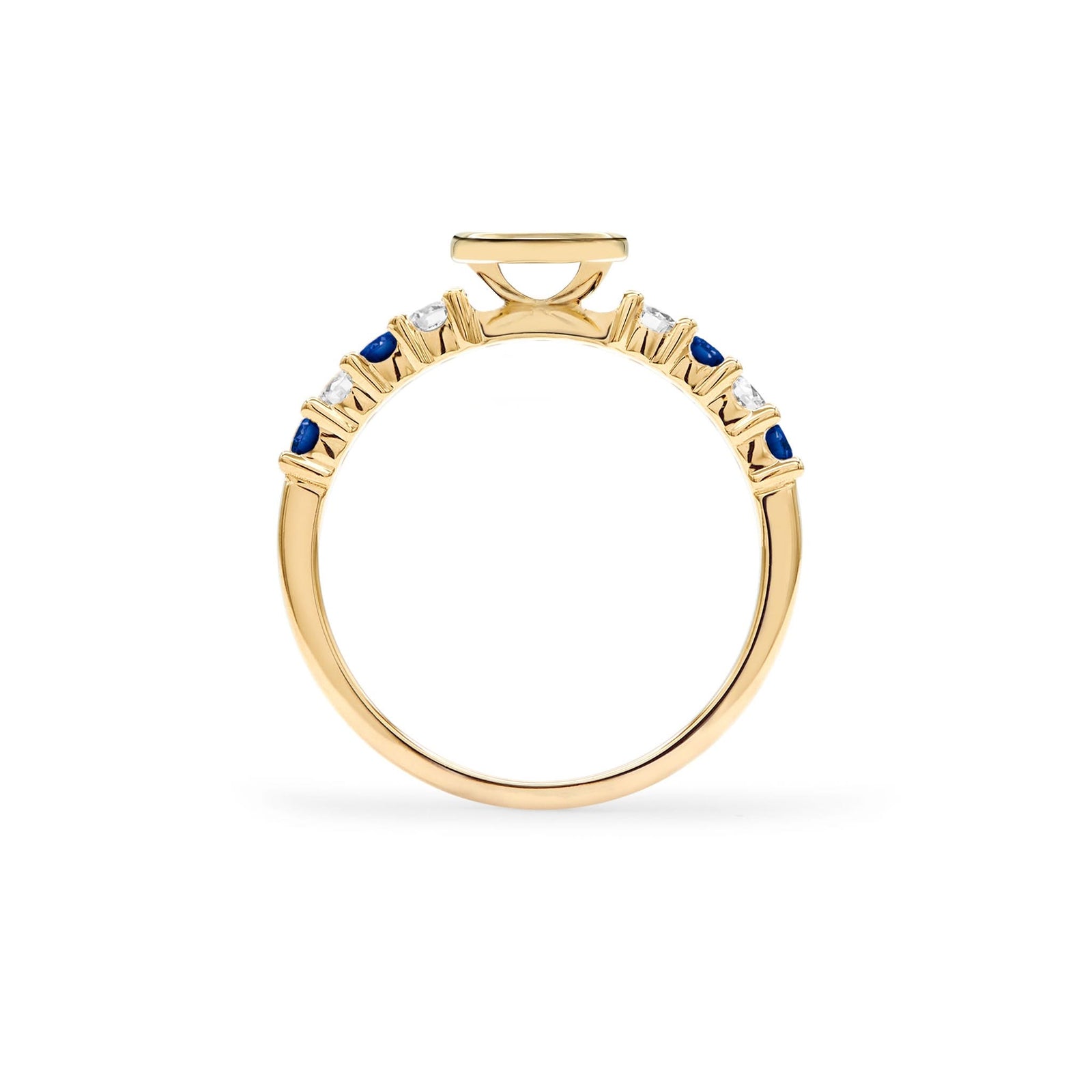 The 14k gold Rosecliff Letter Diamond & Sapphire Ring, showcasing the alternating 2 mm faceted round cut, prong set, Sapphires and Diamonds - standing view