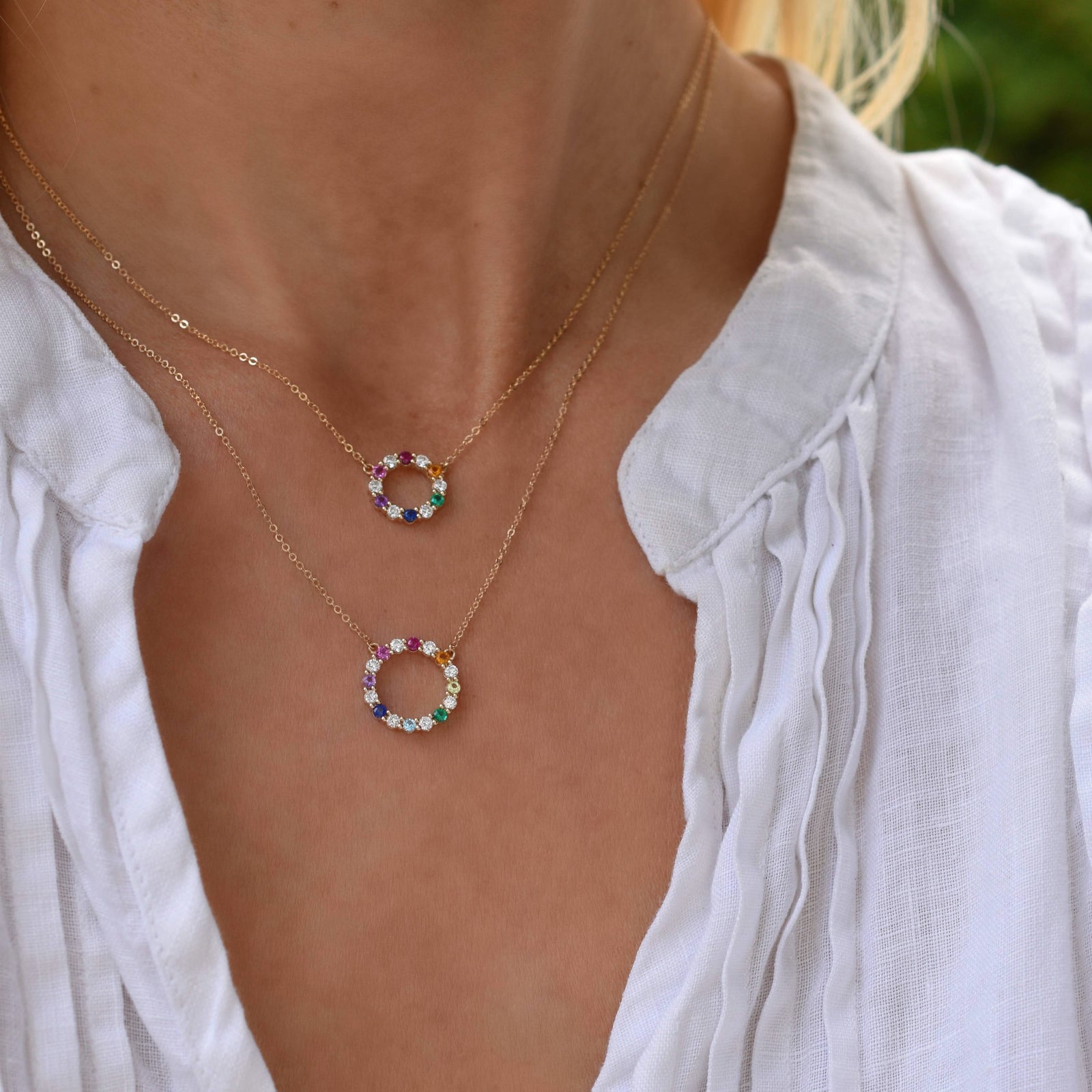 Rainbow Rosecliff Small Circle Necklace with Diamonds in 14k Gold